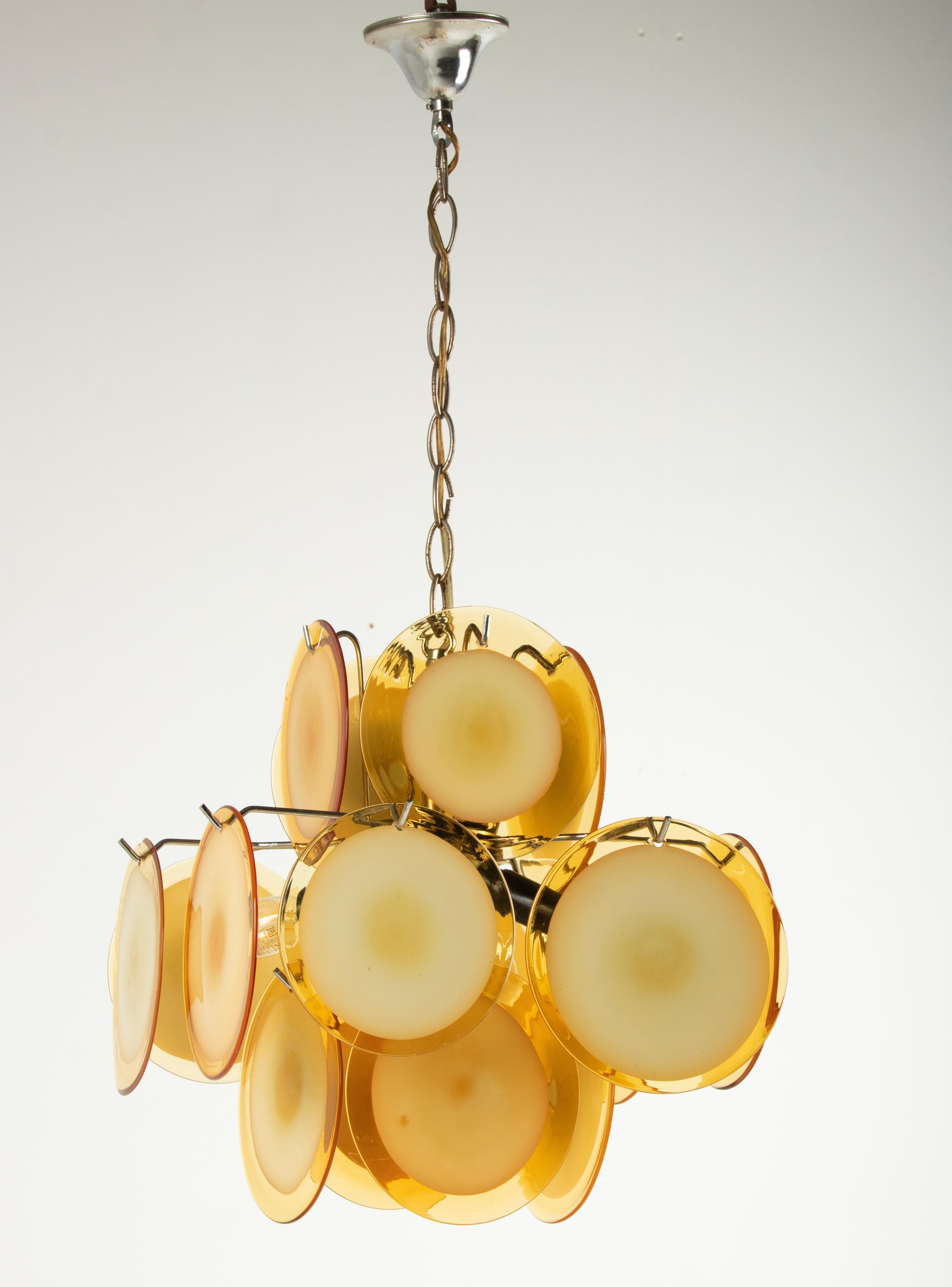 Pair Mid-Century Modern Vistosi Style Yellow Glass Murano Disk Chandeliers For Sale 11