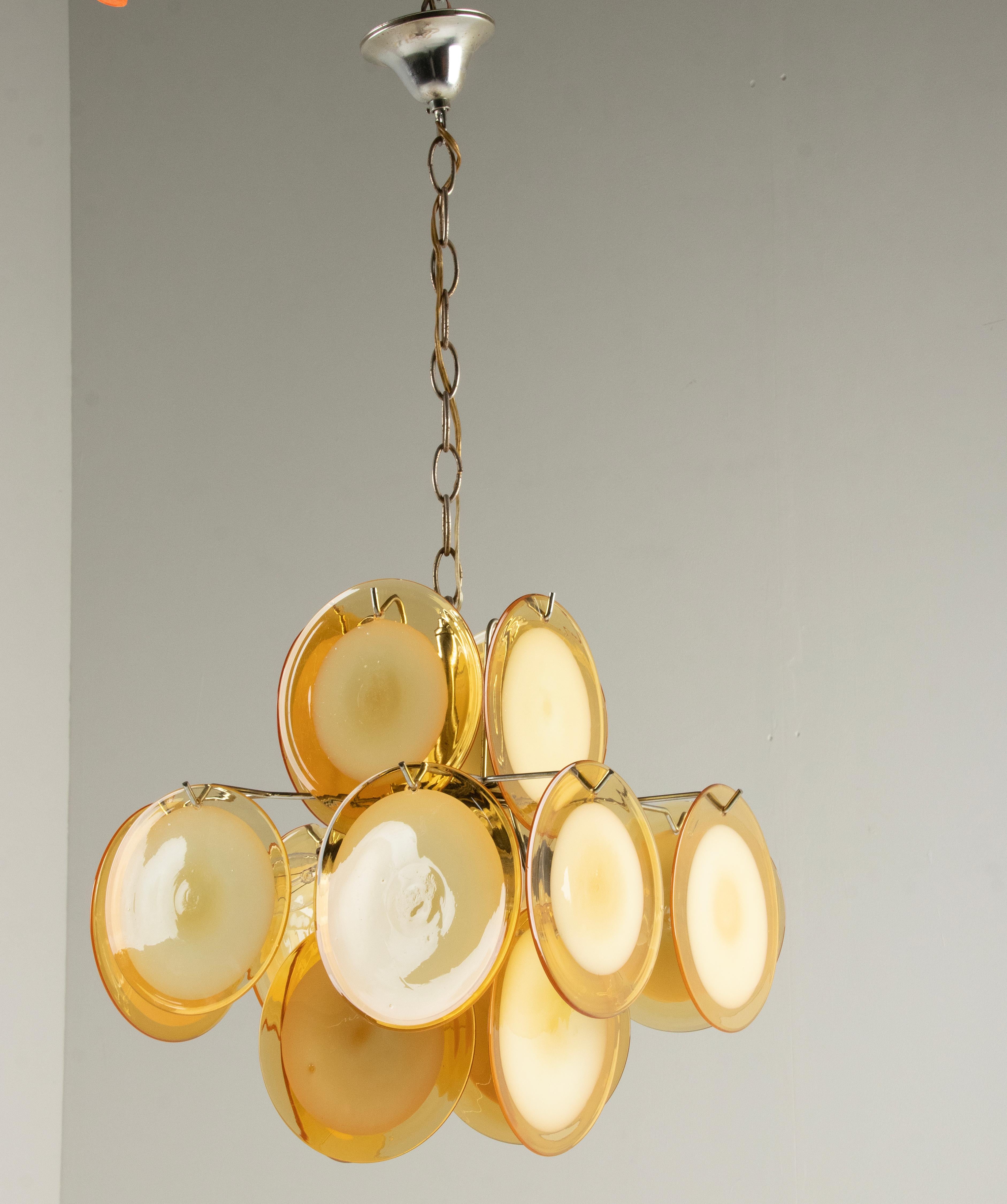 Pair Mid-Century Modern Vistosi Style Yellow Glass Murano Disk Chandeliers For Sale 13