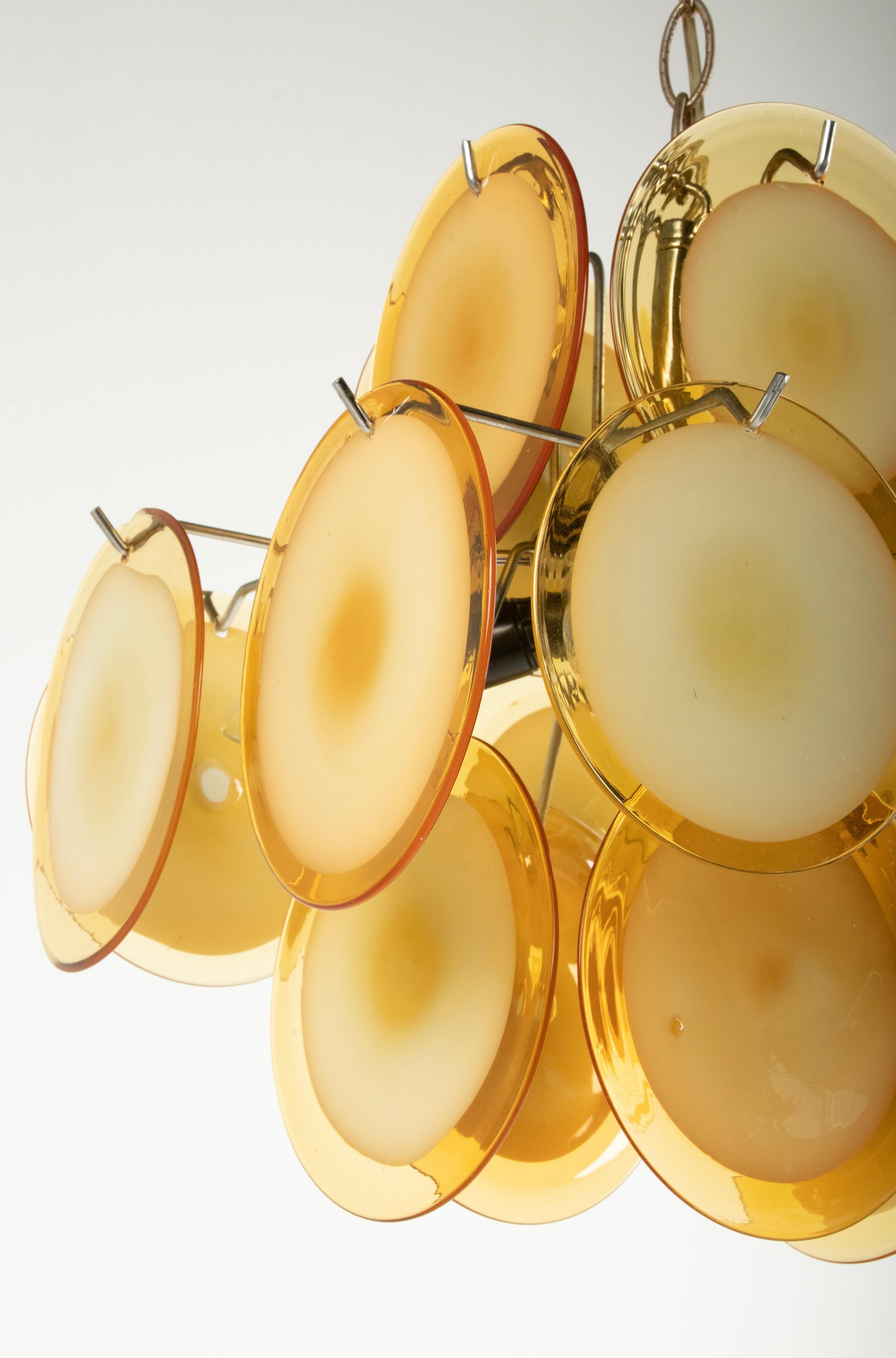 Pair Mid-Century Modern Vistosi Style Yellow Glass Murano Disk Chandeliers For Sale 14