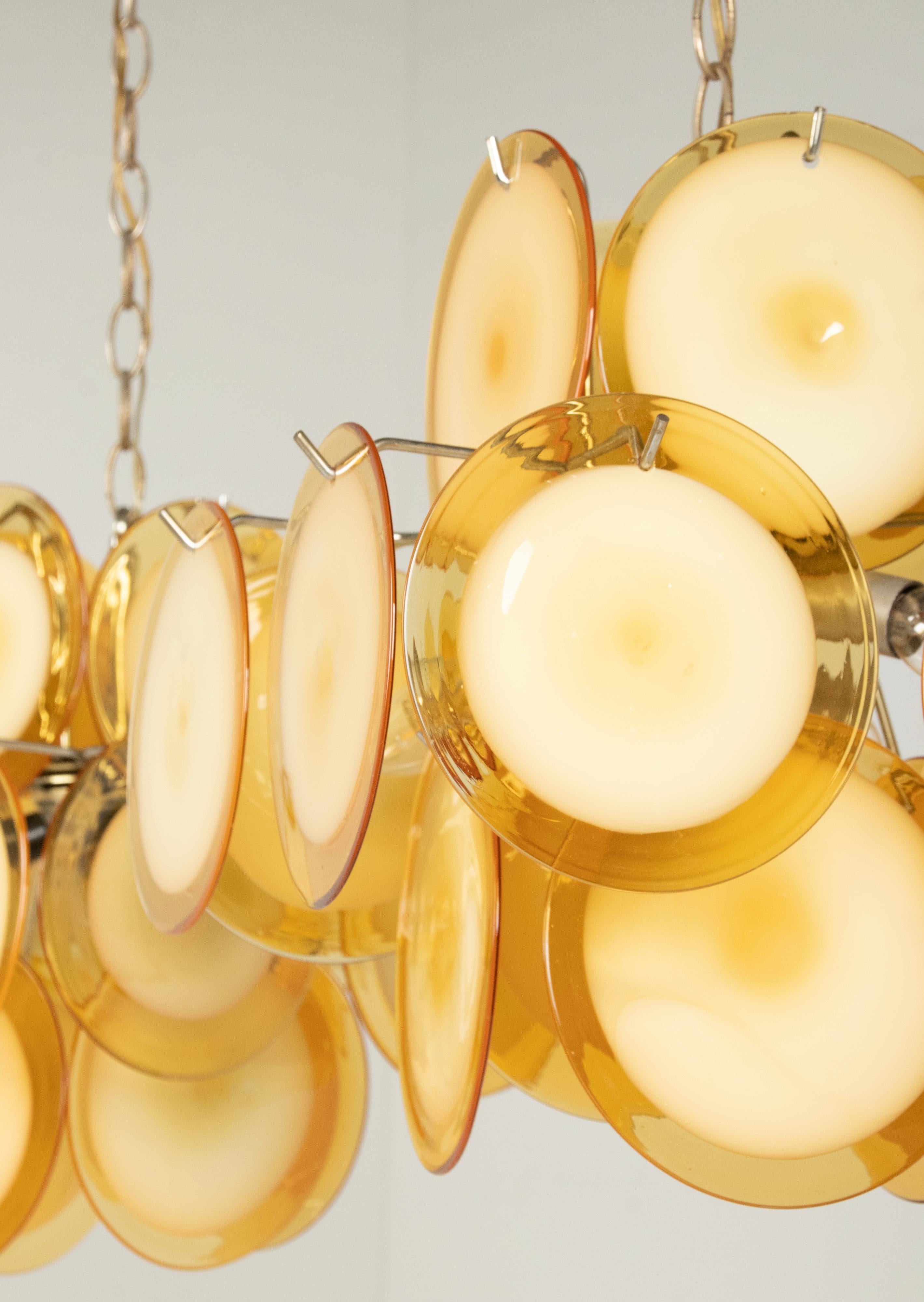 Italian Pair Mid-Century Modern Vistosi Style Yellow Glass Murano Disk Chandeliers For Sale