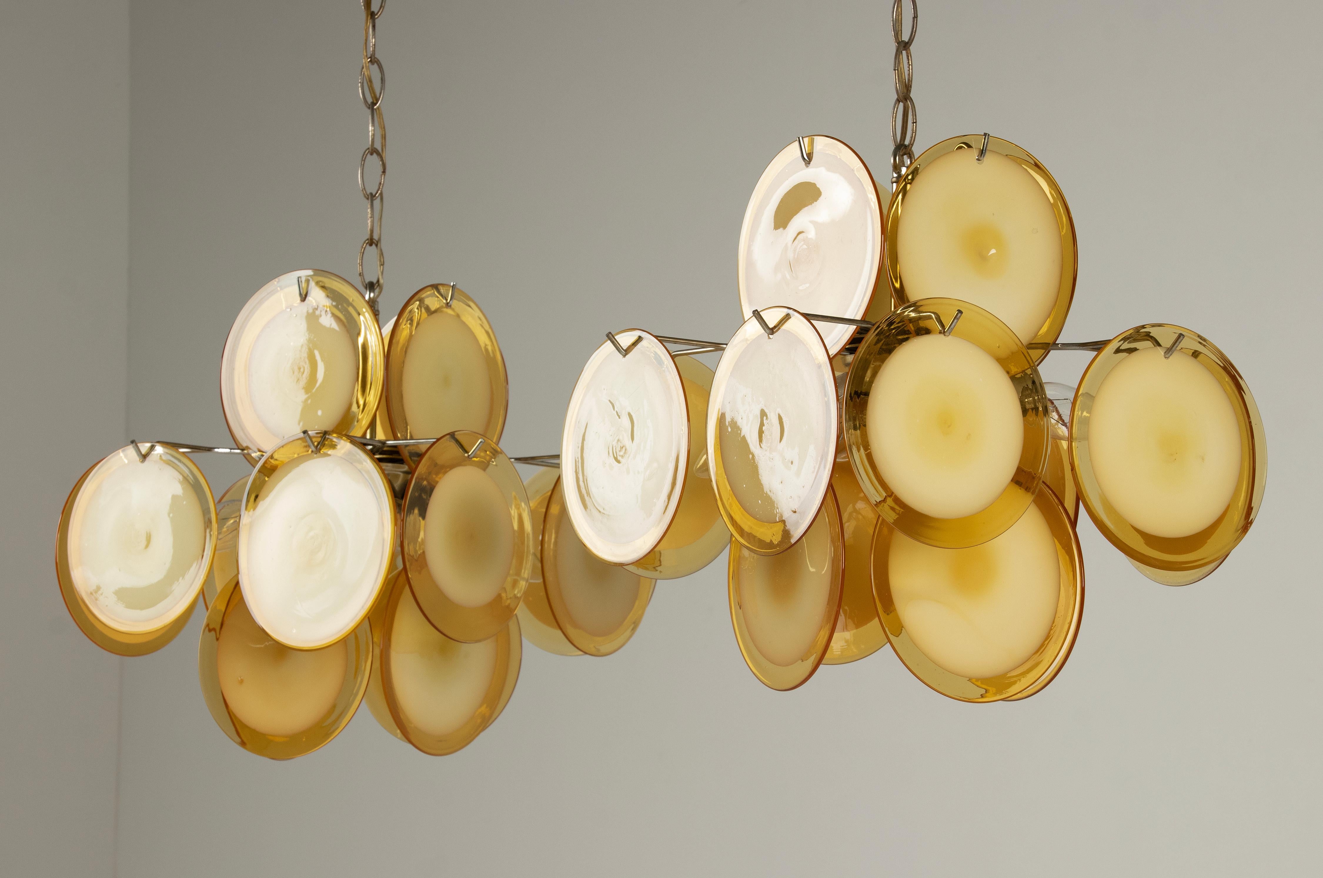 Mid-20th Century Pair Mid-Century Modern Vistosi Style Yellow Glass Murano Disk Chandeliers For Sale