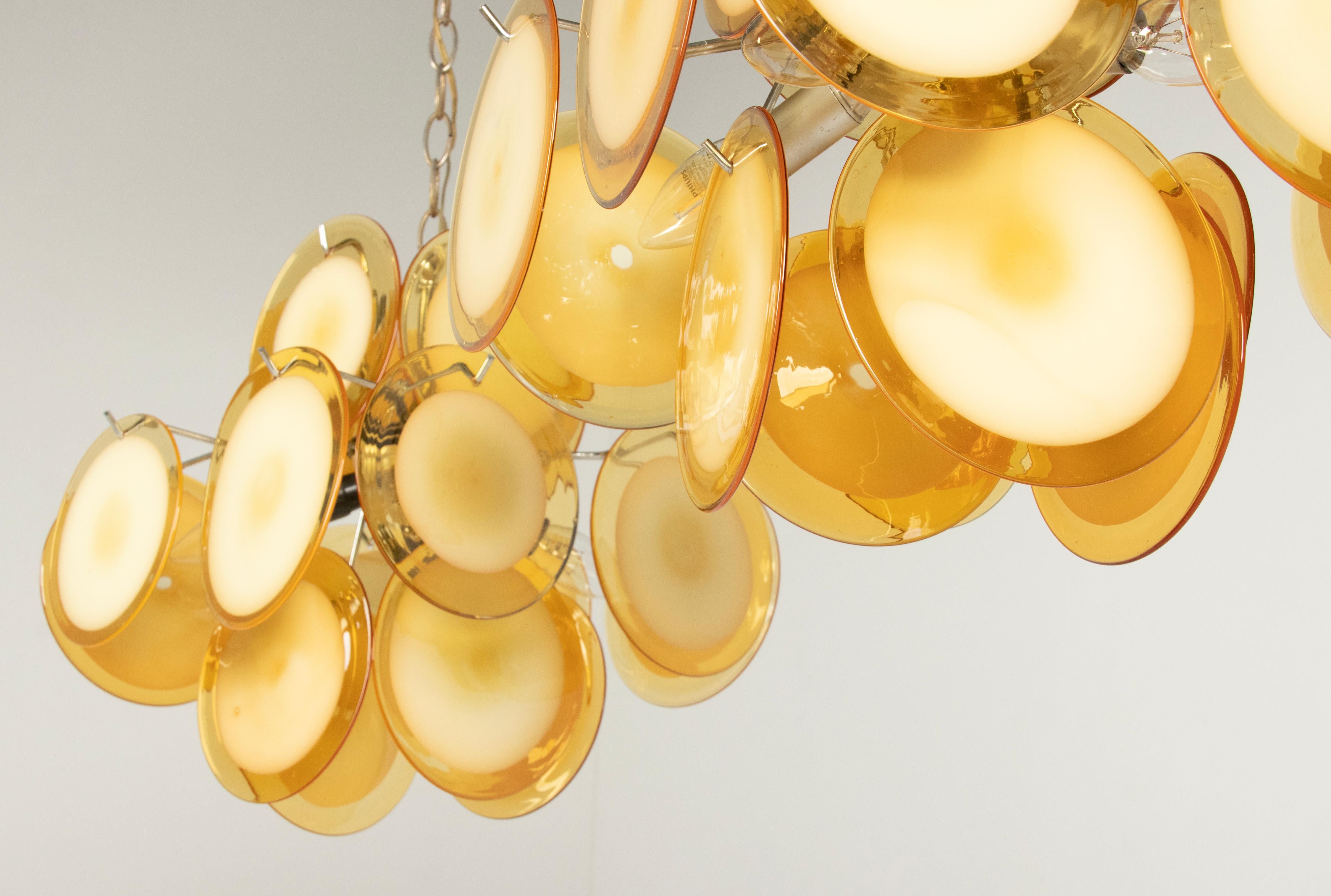 Metal Pair Mid-Century Modern Vistosi Style Yellow Glass Murano Disk Chandeliers For Sale