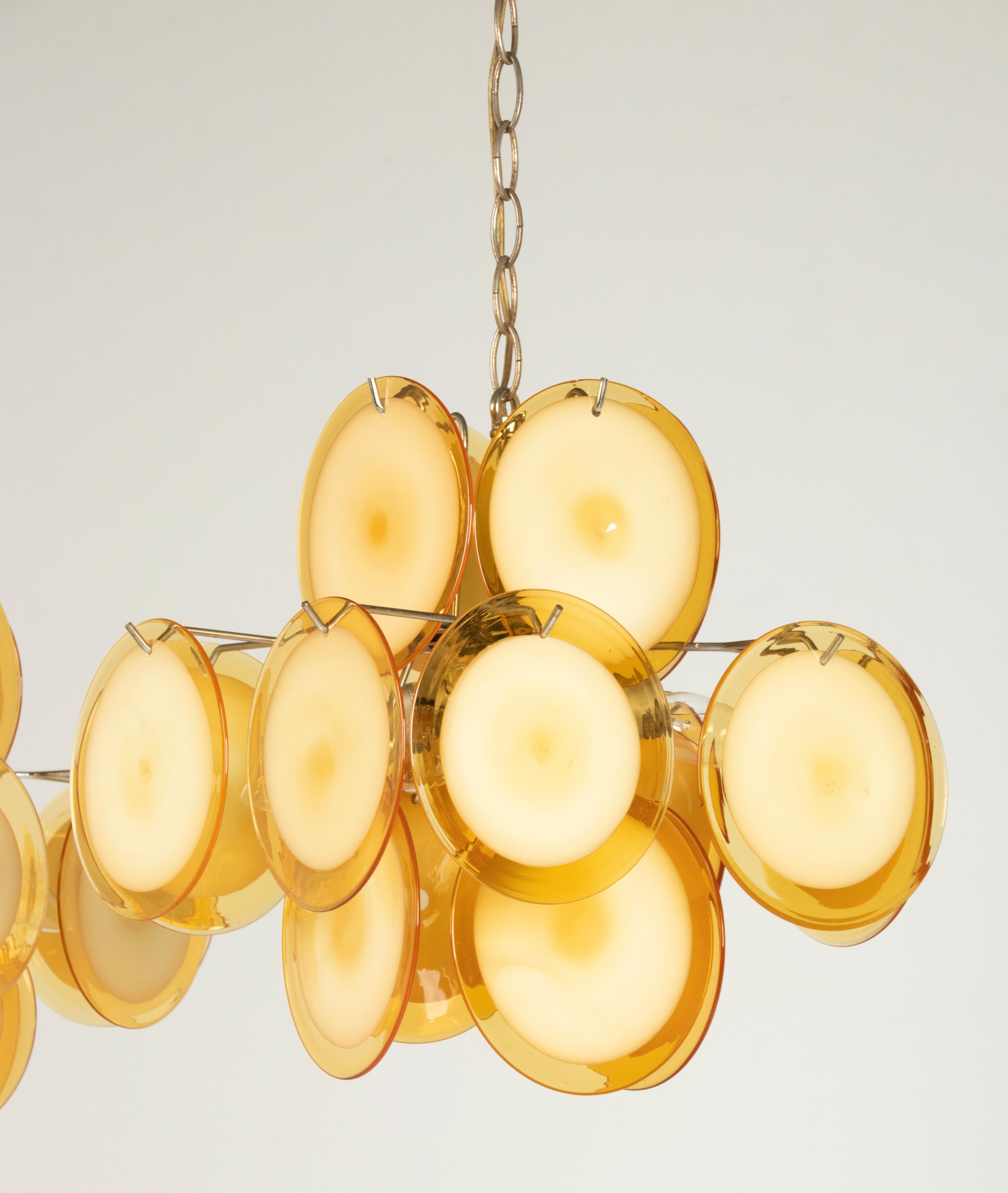 Pair Mid-Century Modern Vistosi Style Yellow Glass Murano Disk Chandeliers For Sale 1