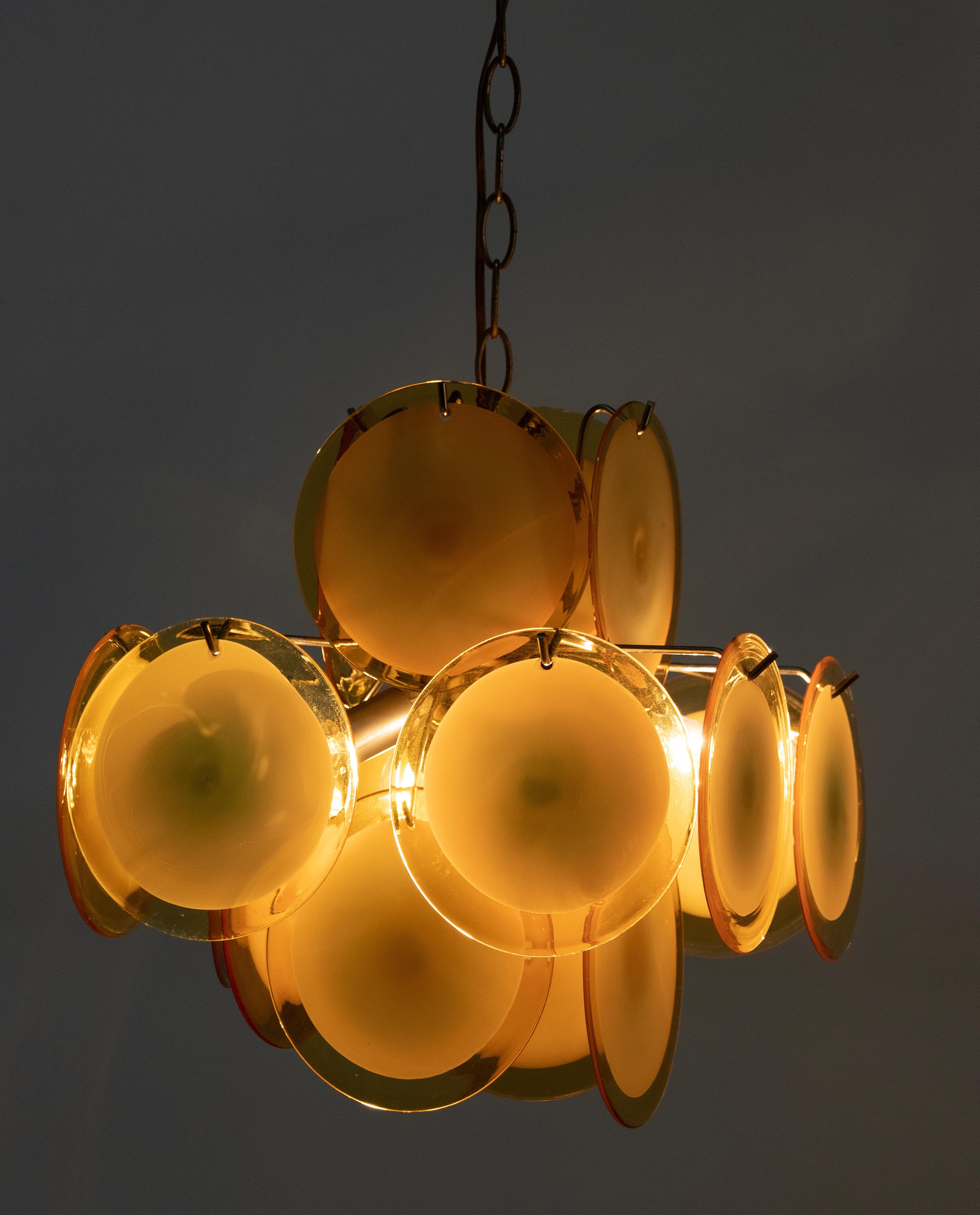 Pair Mid-Century Modern Vistosi Style Yellow Glass Murano Disk Chandeliers For Sale 2