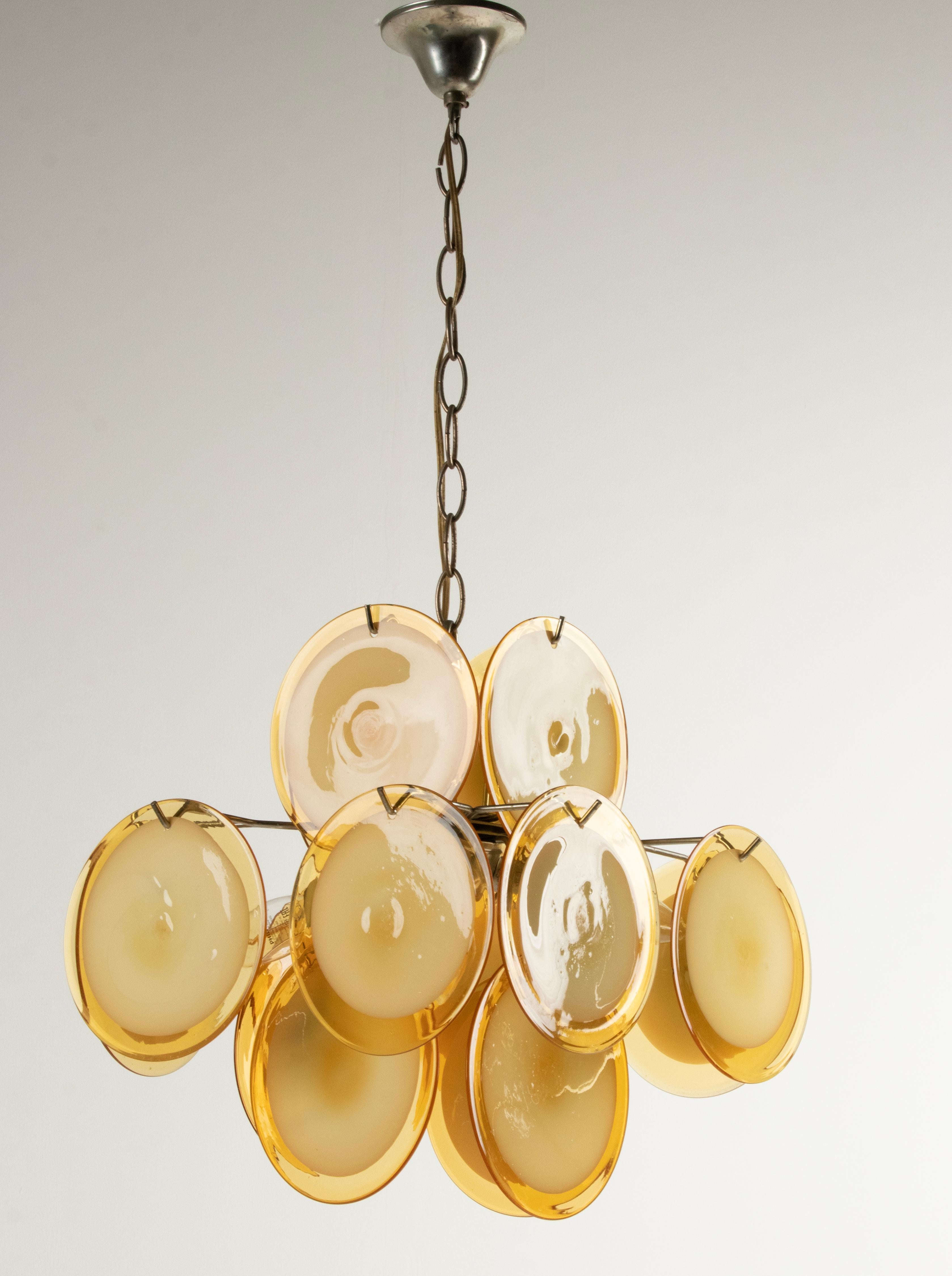 Pair Mid-Century Modern Vistosi Style Yellow Glass Murano Disk Chandeliers For Sale 3