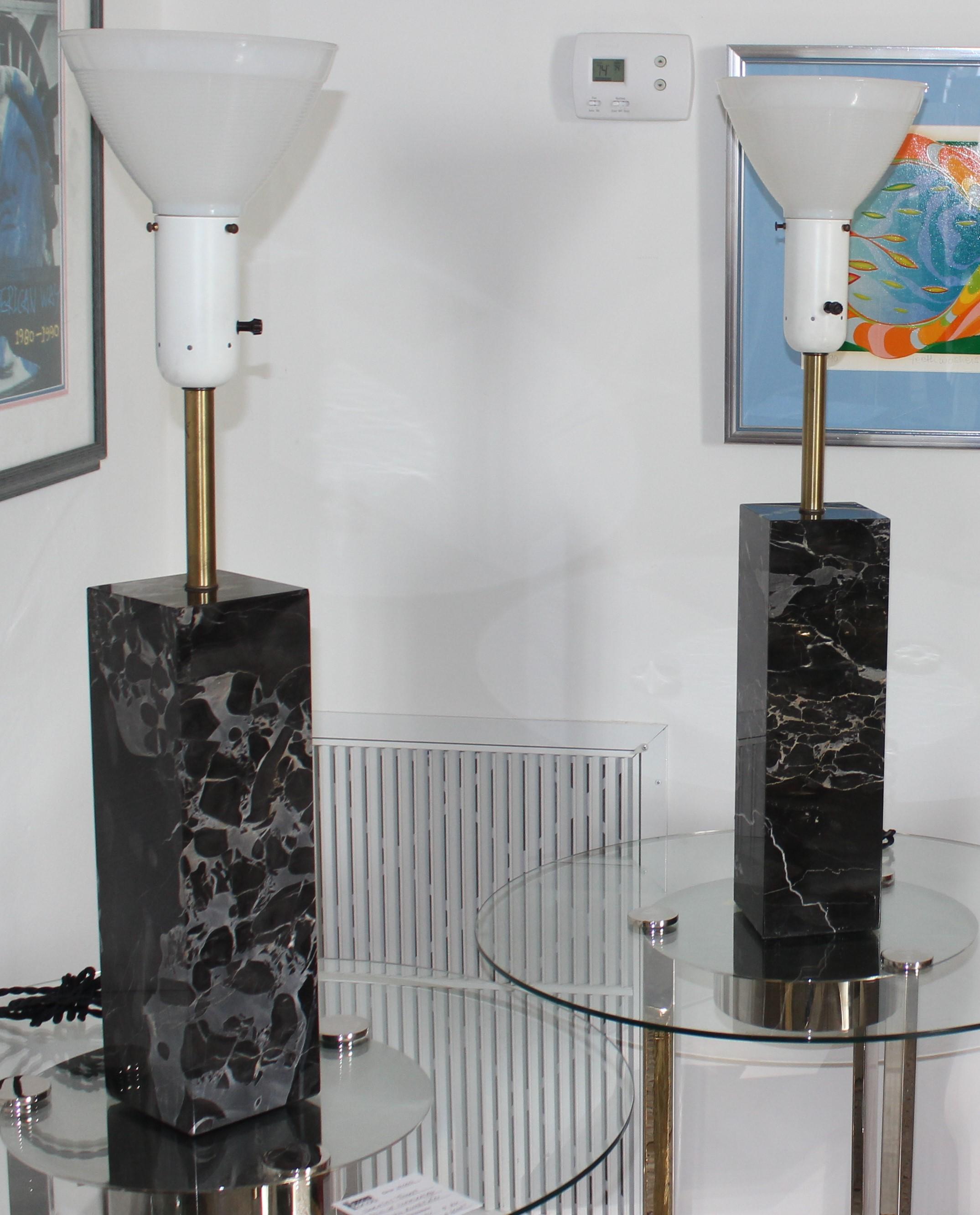 Pair Mid-Century Modern Walter Von Nessen Table Lamps in Black Variegated Marble For Sale 5