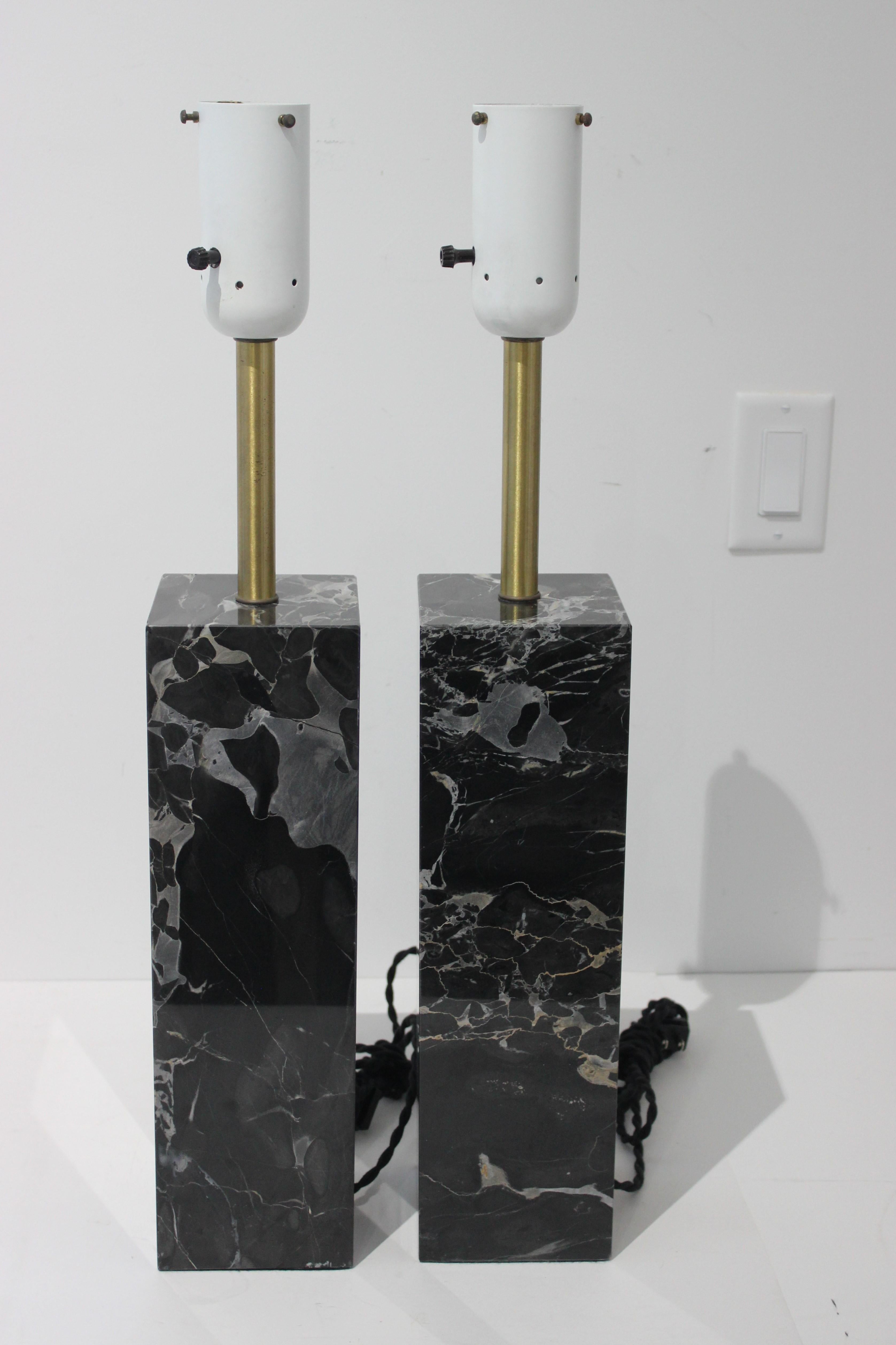Metal Pair Mid-Century Modern Walter Von Nessen Table Lamps in Black Variegated Marble For Sale