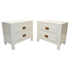 Pair, Mid-Century Modern White Lacquered Wood & Brass Nightstands Bedside Tables