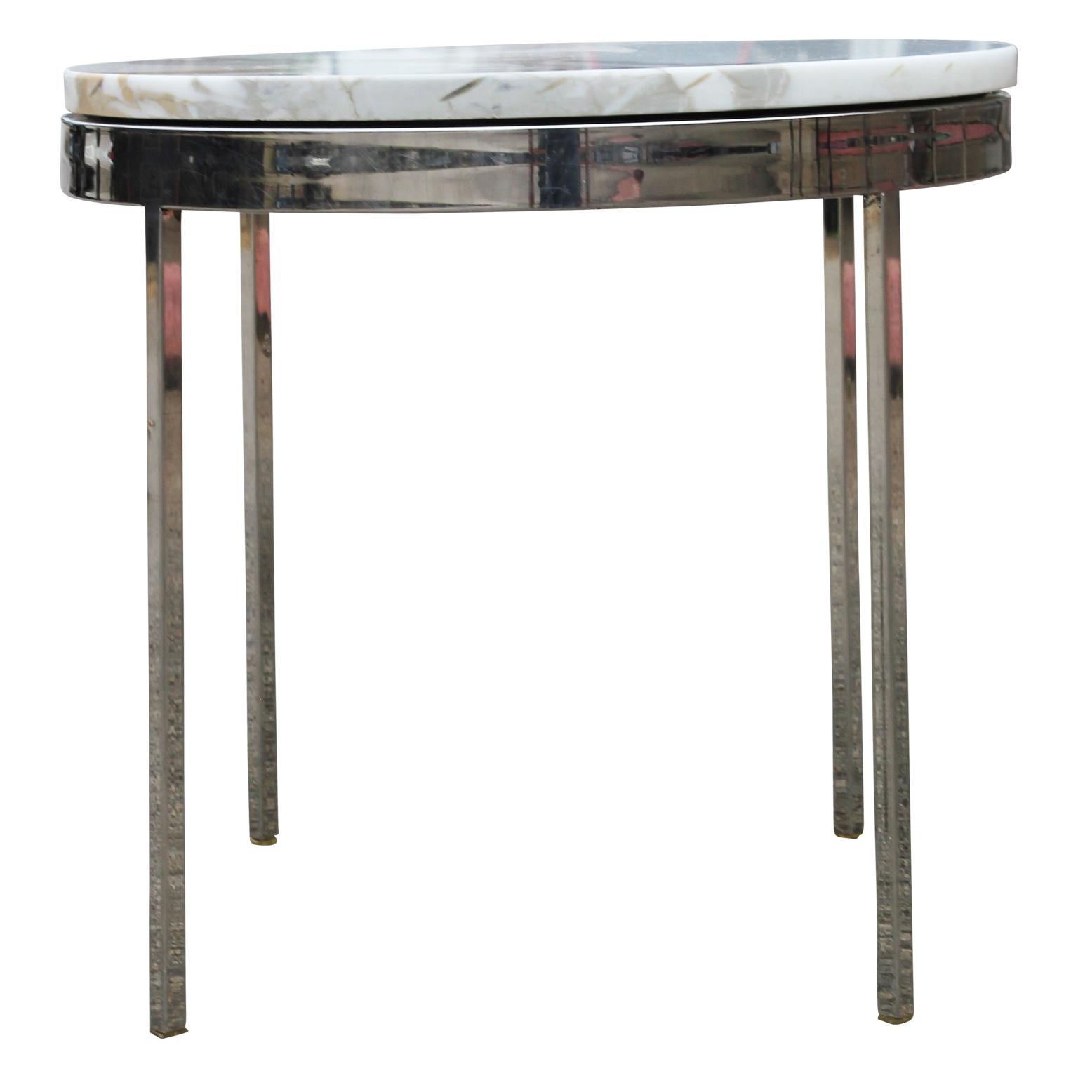 American Pair Mid-Century Modern White Marble Stainless Side Tables by Nicos Zographos