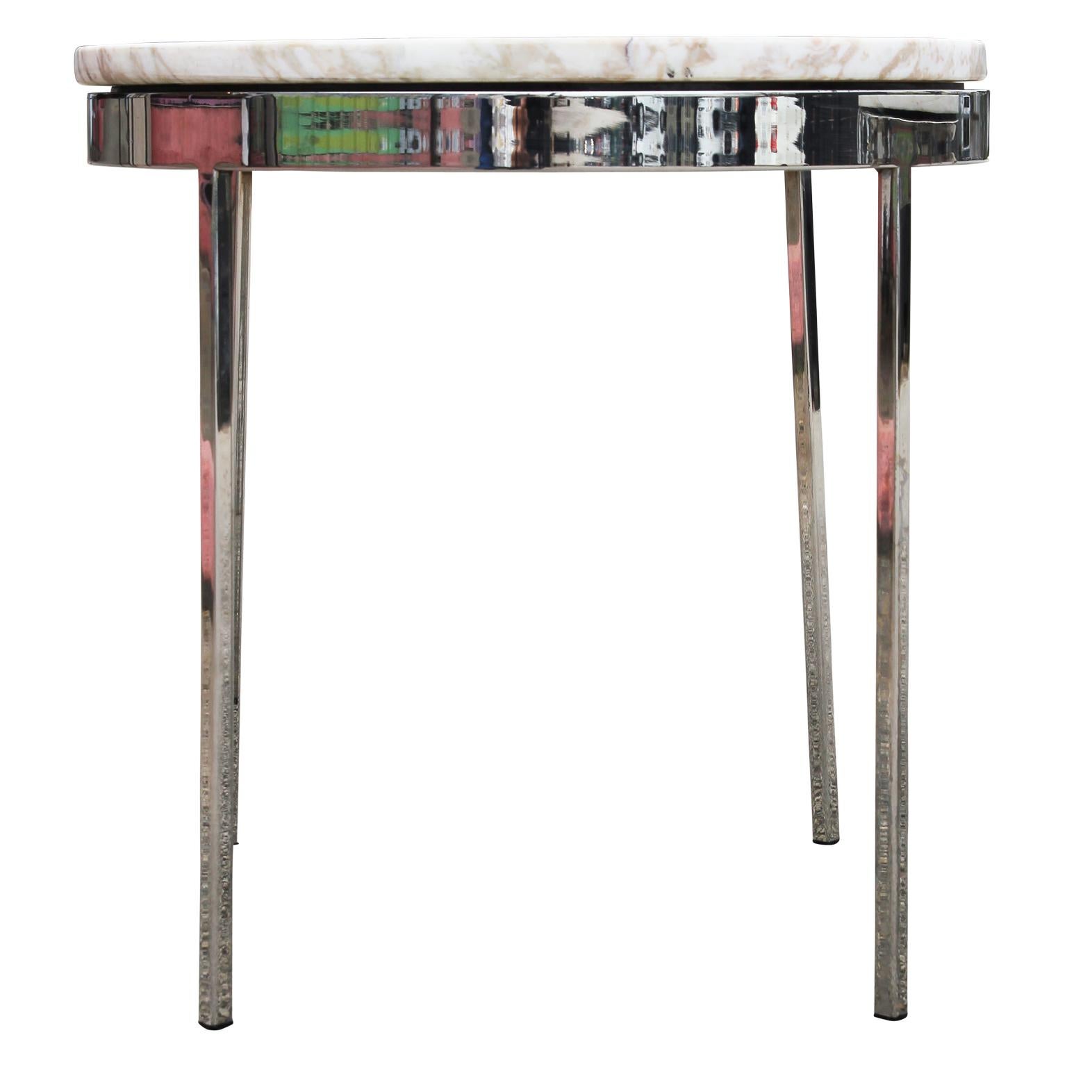 Chrome Pair Mid-Century Modern White Marble Stainless Side Tables by Nicos Zographos
