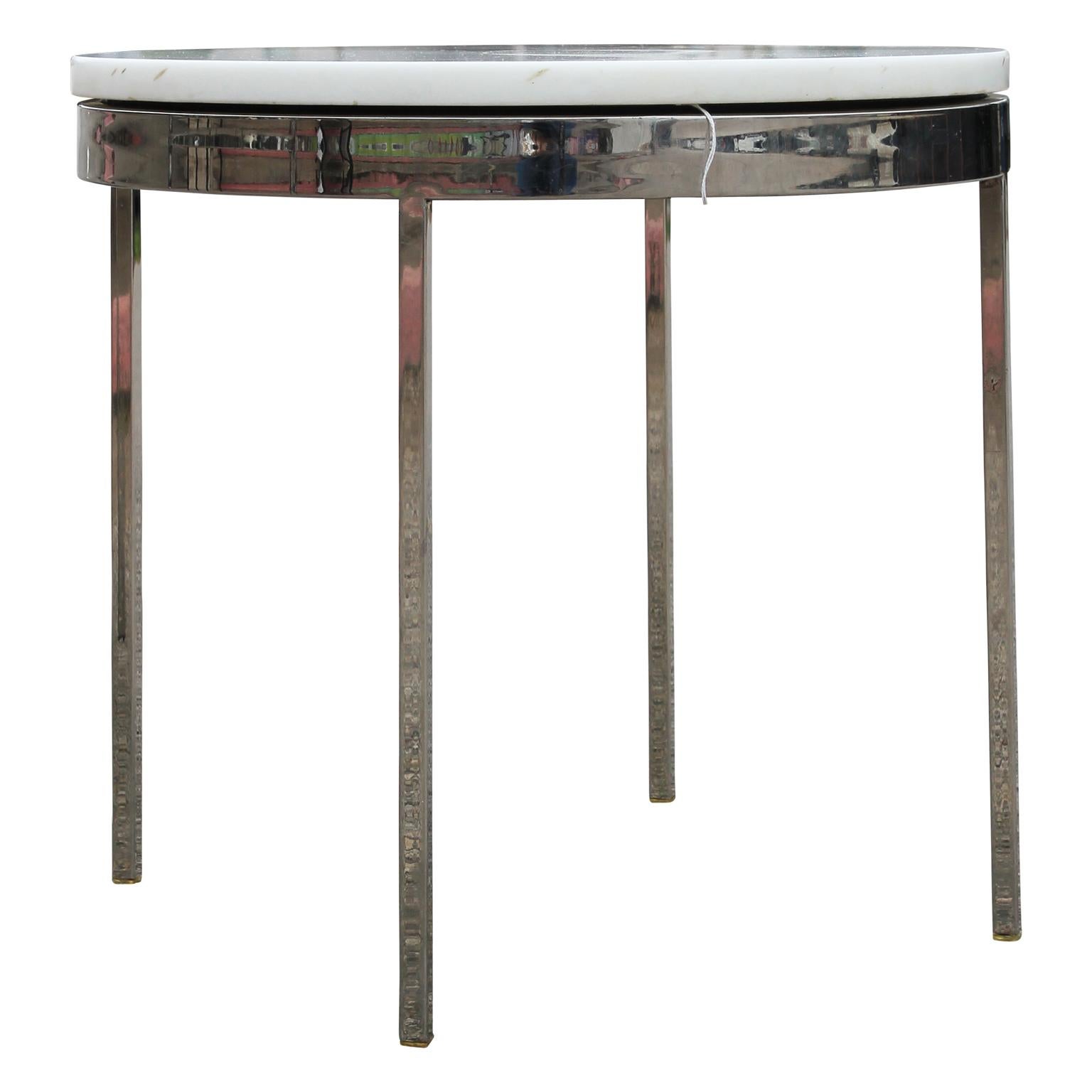 Pair Mid-Century Modern White Marble Stainless Side Tables by Nicos Zographos 1