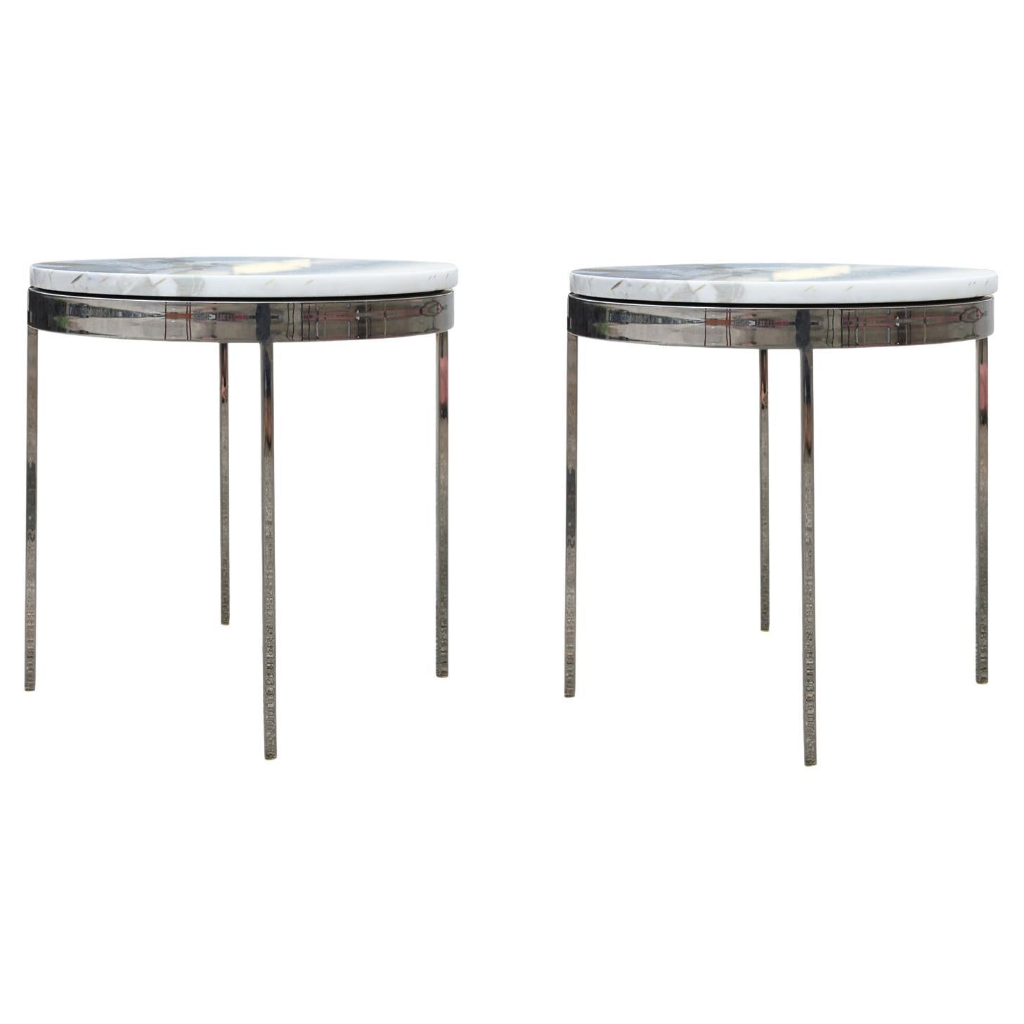 Pair Mid-Century Modern White Marble Stainless Side Tables by Nicos Zographos