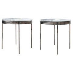 Pair Mid-Century Modern White Marble Stainless Side Tables by Nicos Zographos