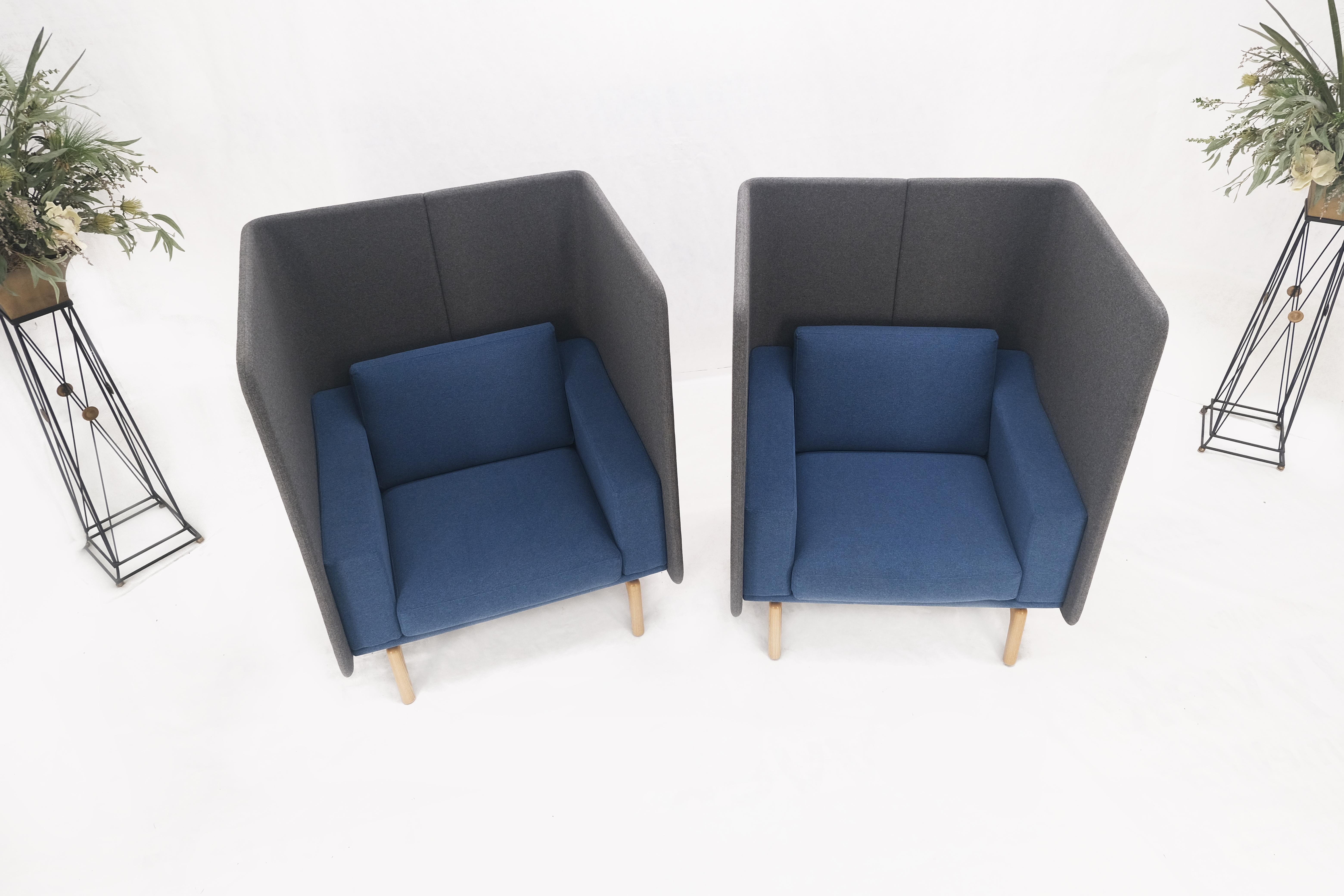 Pair Mid Century Modern Wingback Lounge Chairs Blue Grey Wool Upholstery MINT! For Sale 5