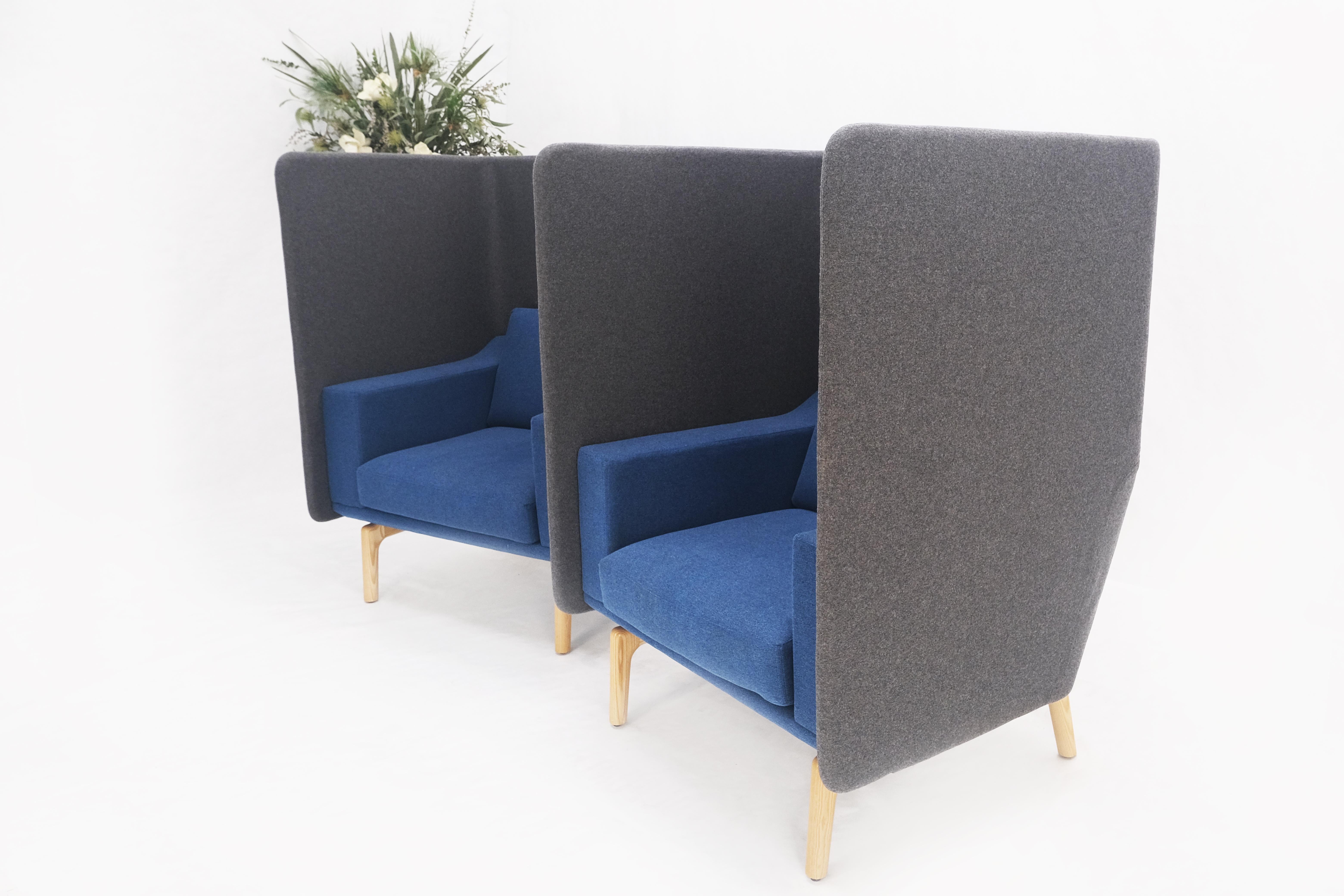 Pair Mid Century Modern Wingback Lounge Chairs Blue Grey Wool Upholstery MINT! For Sale 9