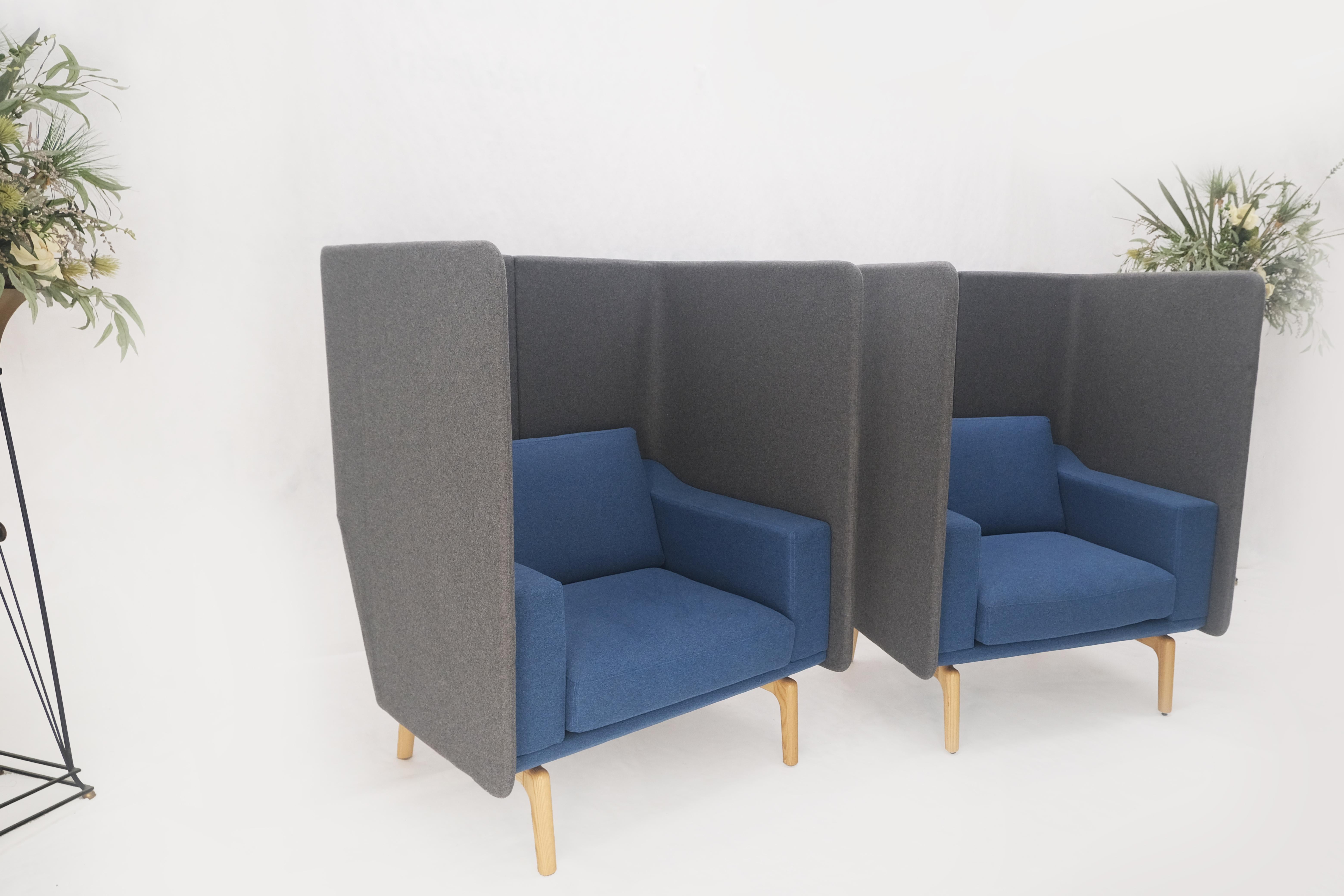 Pair Mid Century Modern Wingback Lounge Chairs Blue Grey Wool Upholstery MINT! For Sale 10