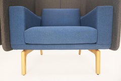 Pair Mid Century Modern Wingback Lounge Chairs Blue Grey Wool Upholstery MINT!