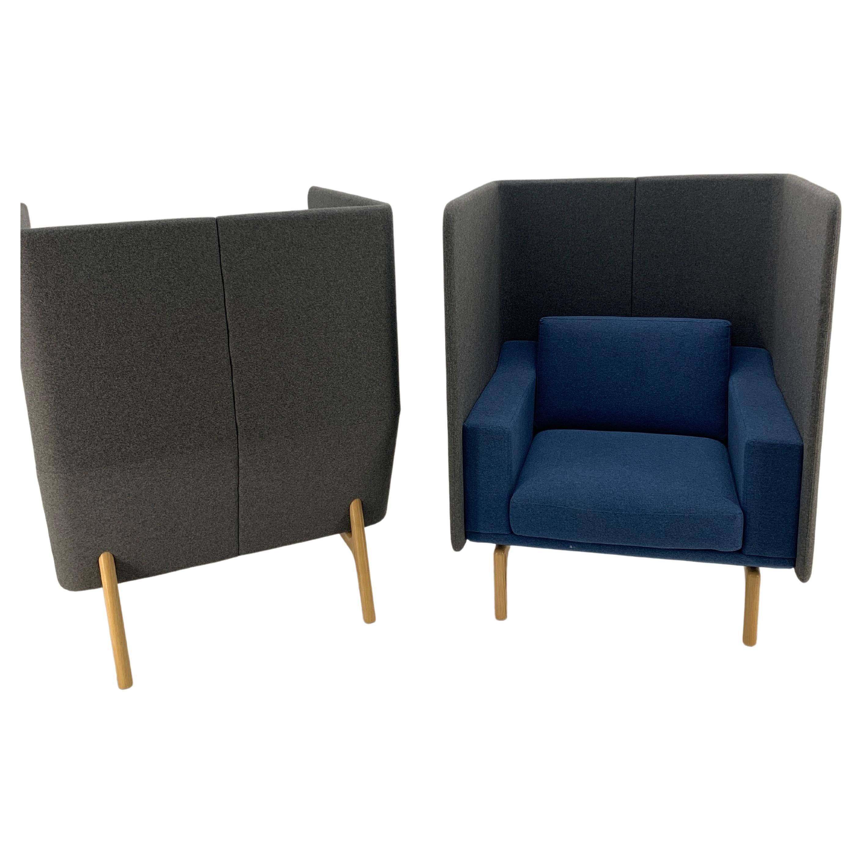 Mid-Century Modern Pair Mid Century Modern Wingback Lounge Chairs Blue Grey Wool Upholstery MINT! For Sale