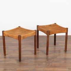 Pair, Mid Century Modern Woven Cord and Teak Stools, Denmark circa 1960-70