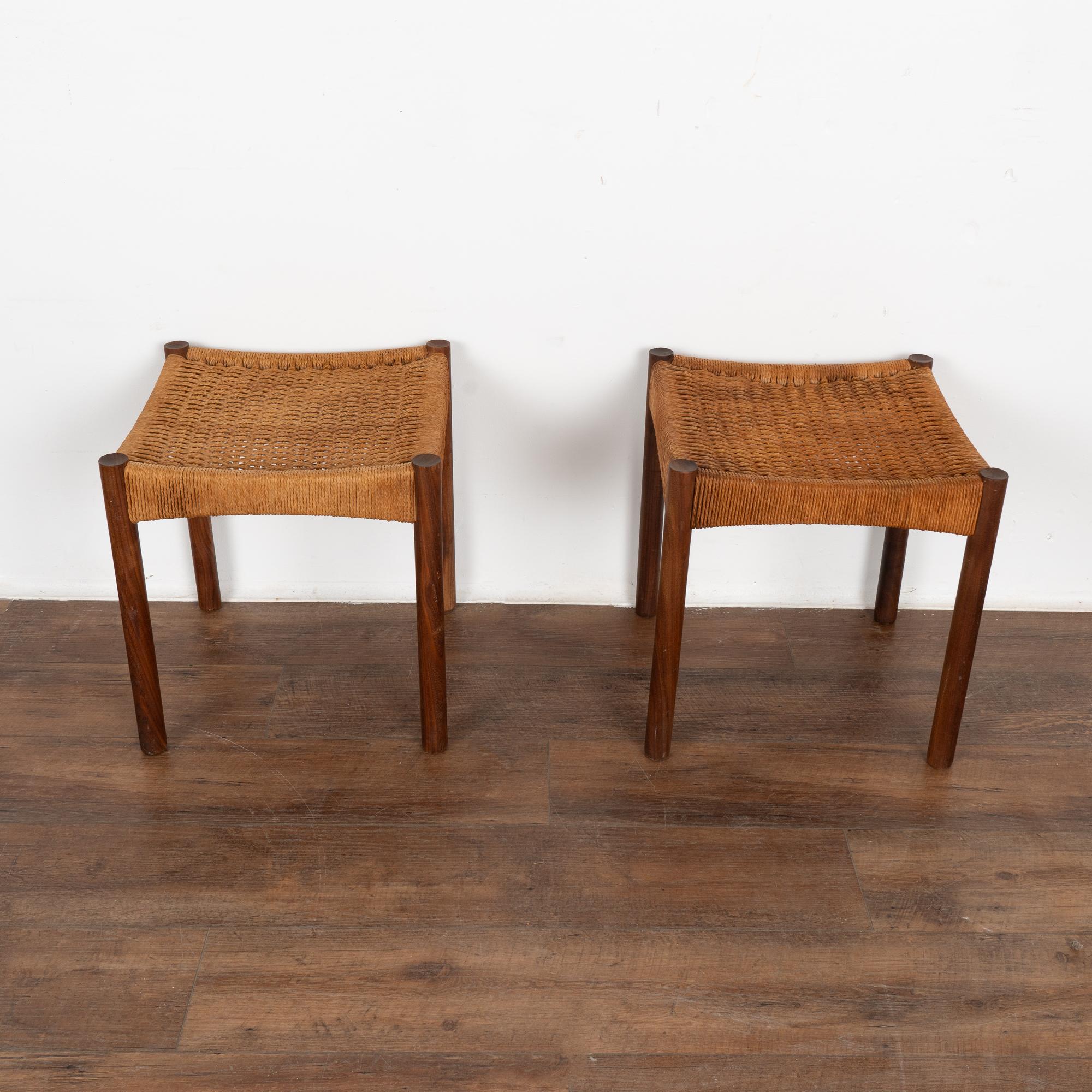 Mid-Century Modern Pair, Mid Century Modern Woven Cord and Teak Stools, Denmark circa 1960-70