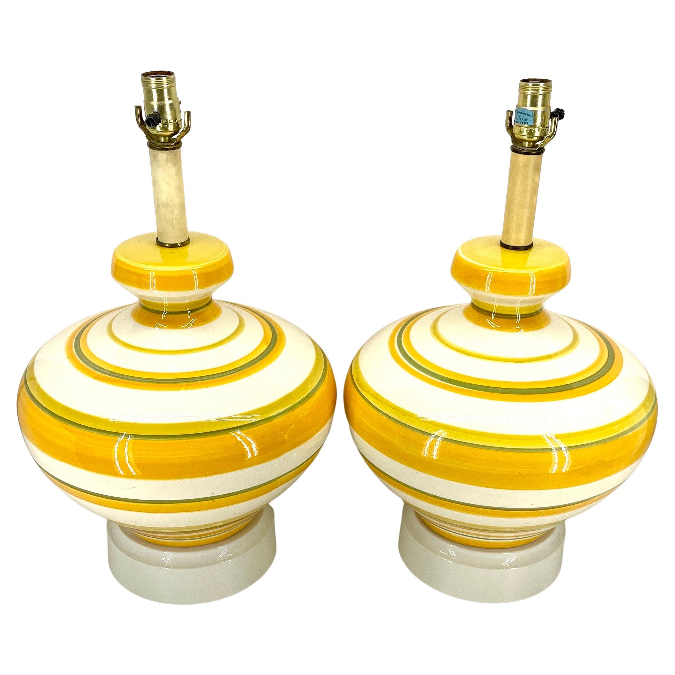 Hand-Crafted Pair Mid-Century Modern Yellow Multi Striped Ceramic Lamps  For Sale