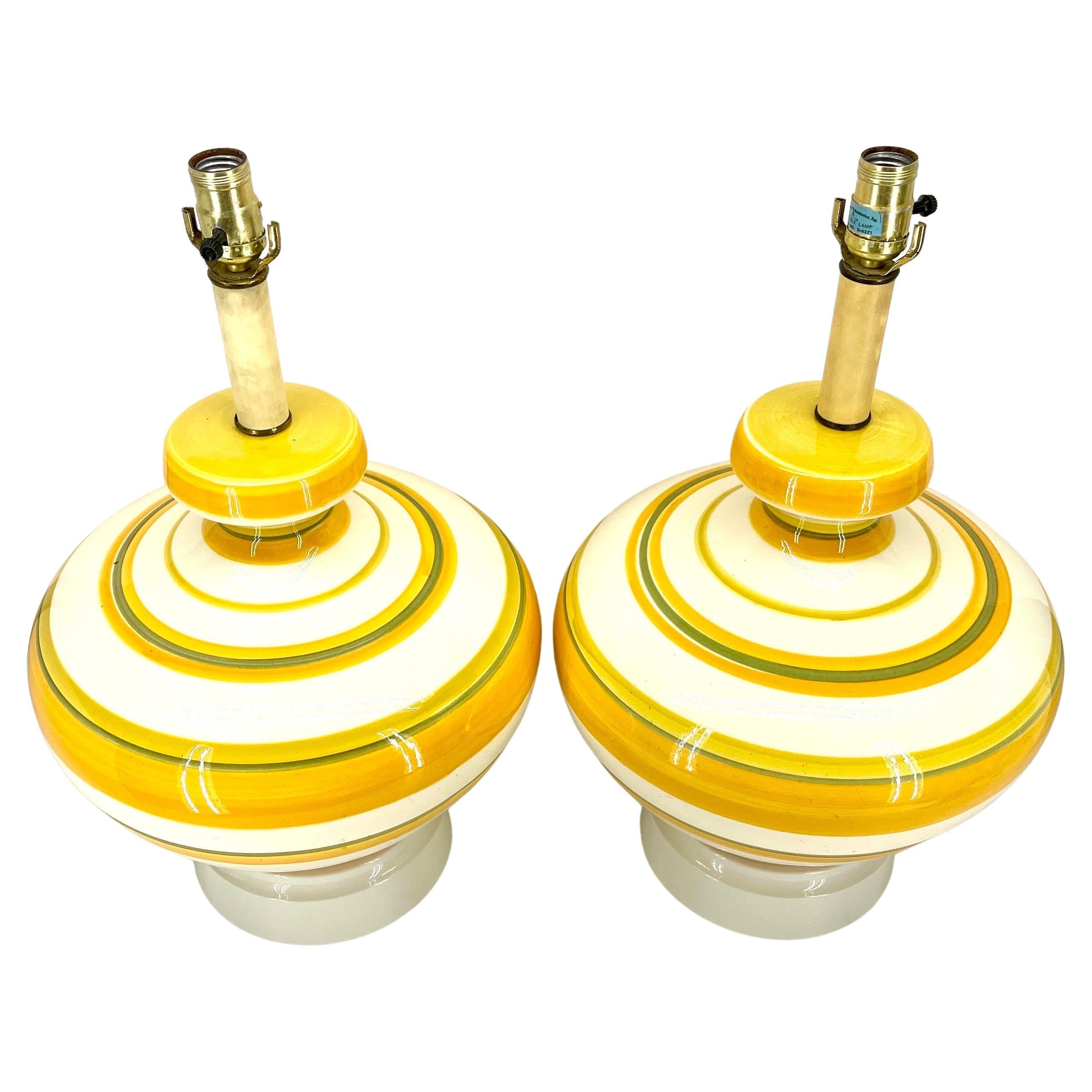 Pair Mid-Century Modern Yellow Multi Striped Ceramic Lamps  In Good Condition For Sale In Haddonfield, NJ