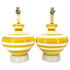 Vintage Pair Mid-Century Modern Yellow Multi Striped Ceramic Lamps 