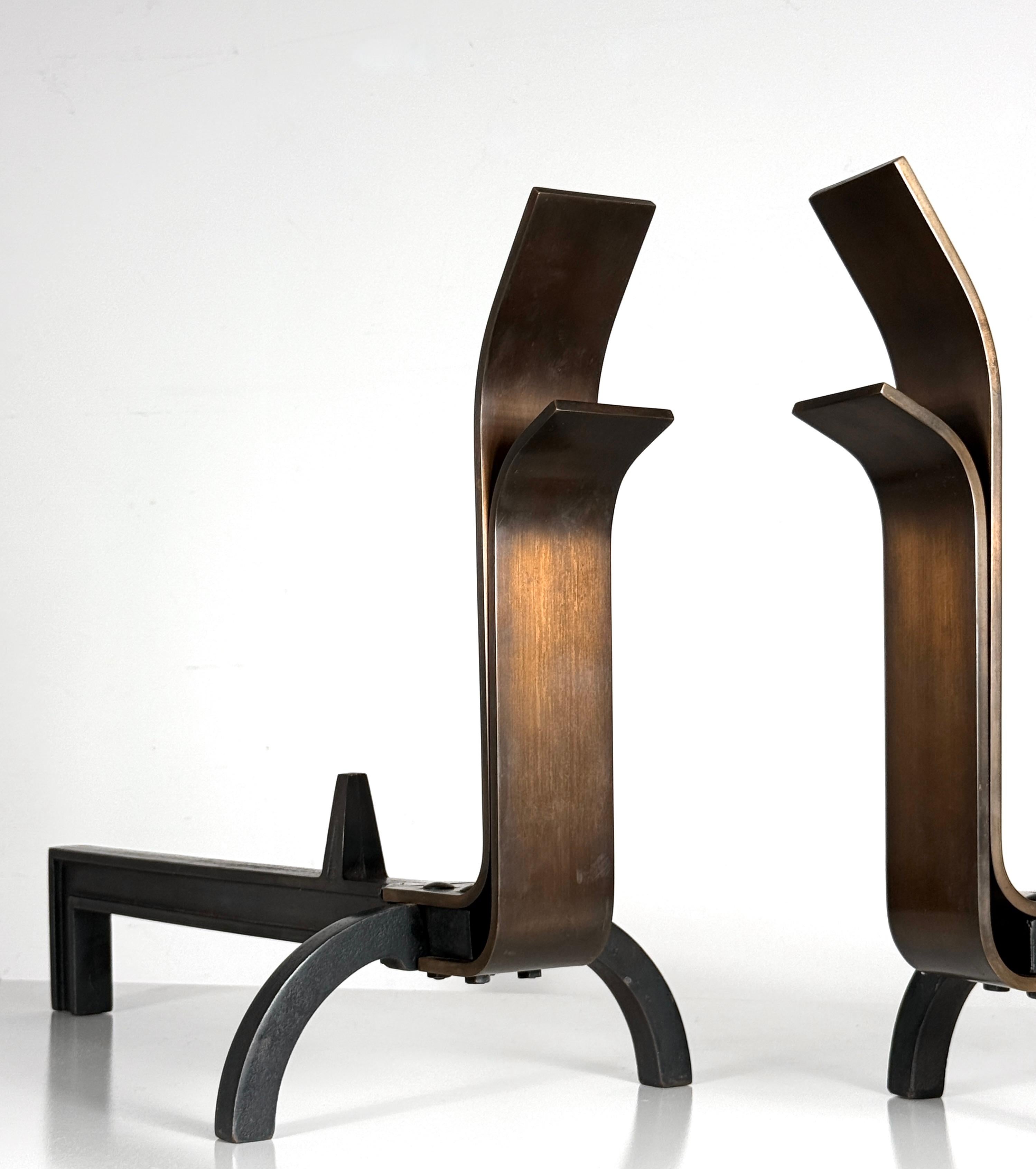 Mid-Century Modern Pair Mid Century Modernist Bronze Andirons by The Saarinen Swanson Group 1940's For Sale