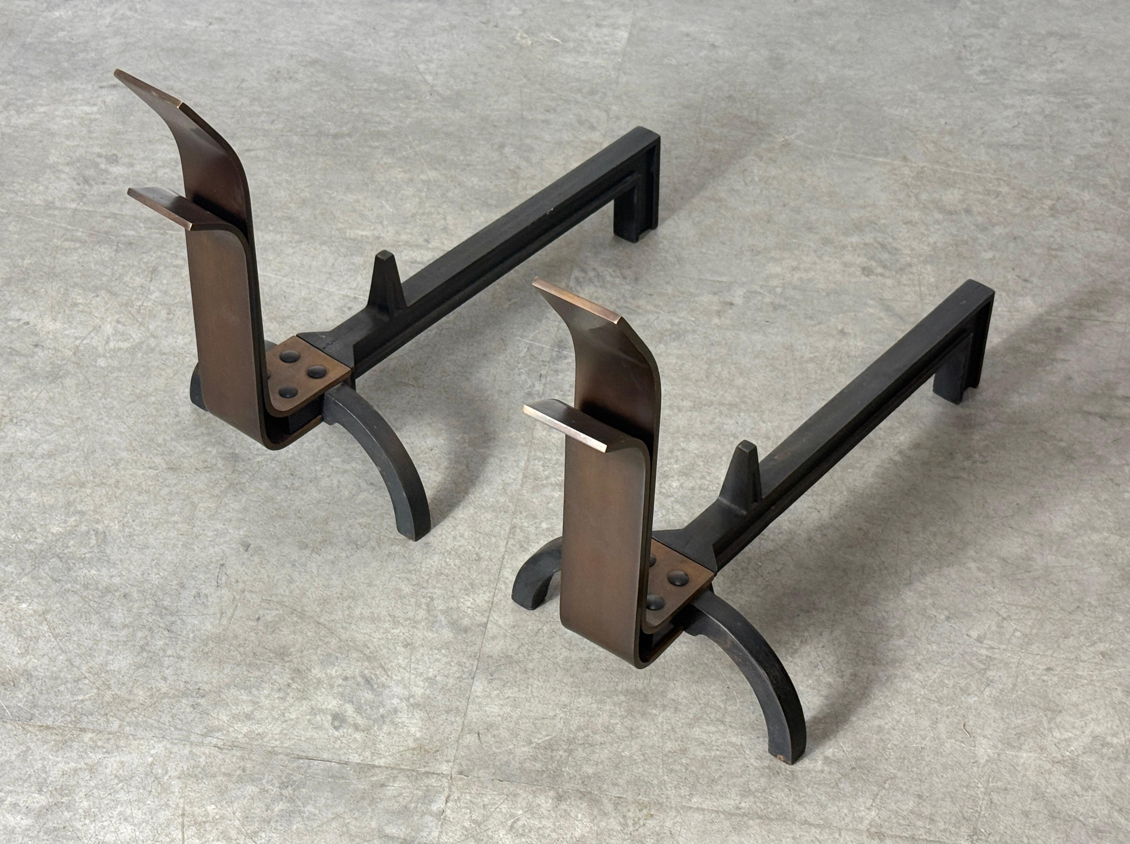 American Pair Mid Century Modernist Bronze Andirons by The Saarinen Swanson Group 1940's For Sale