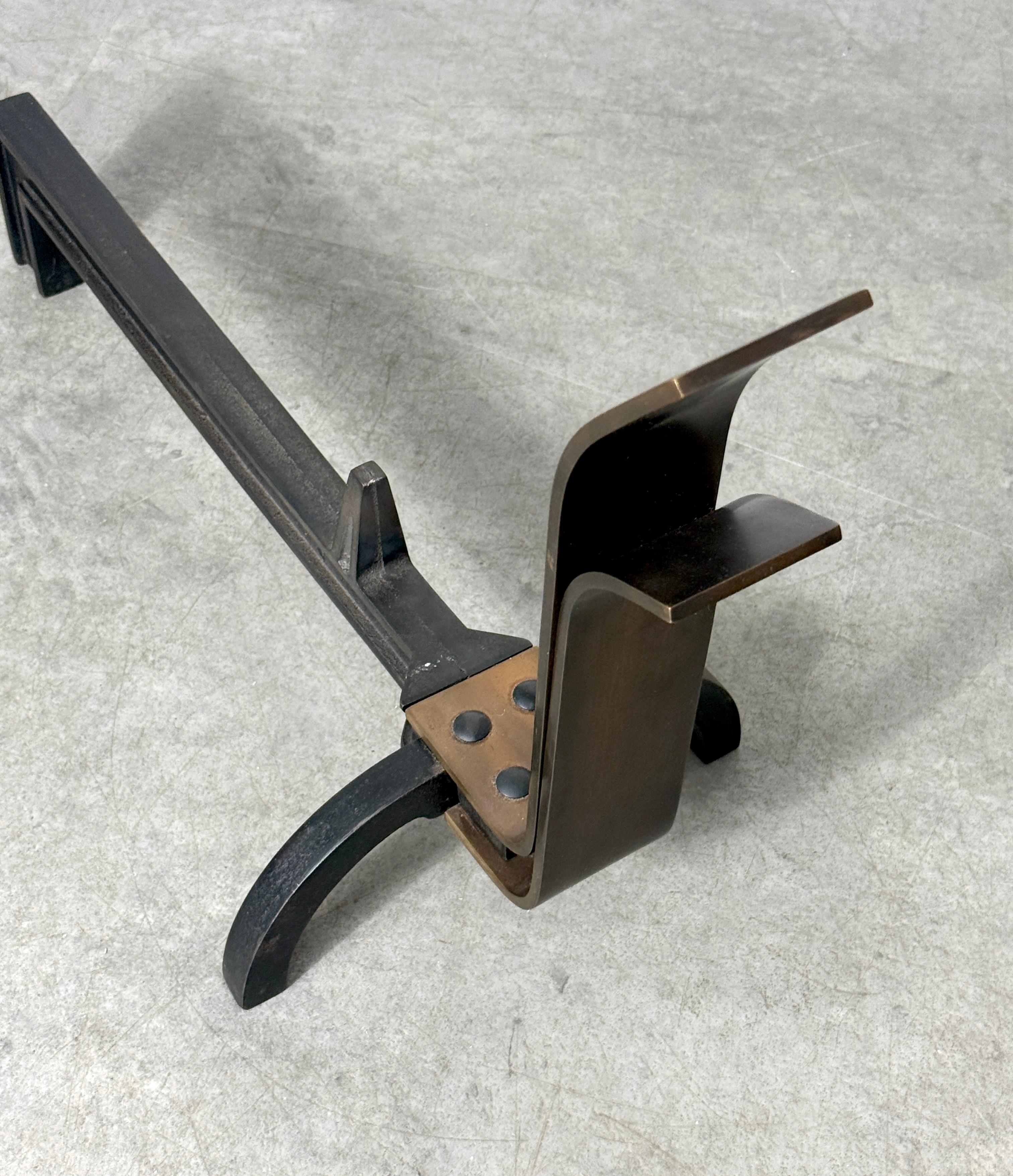 Forged Pair Mid Century Modernist Bronze Andirons by The Saarinen Swanson Group 1940's For Sale