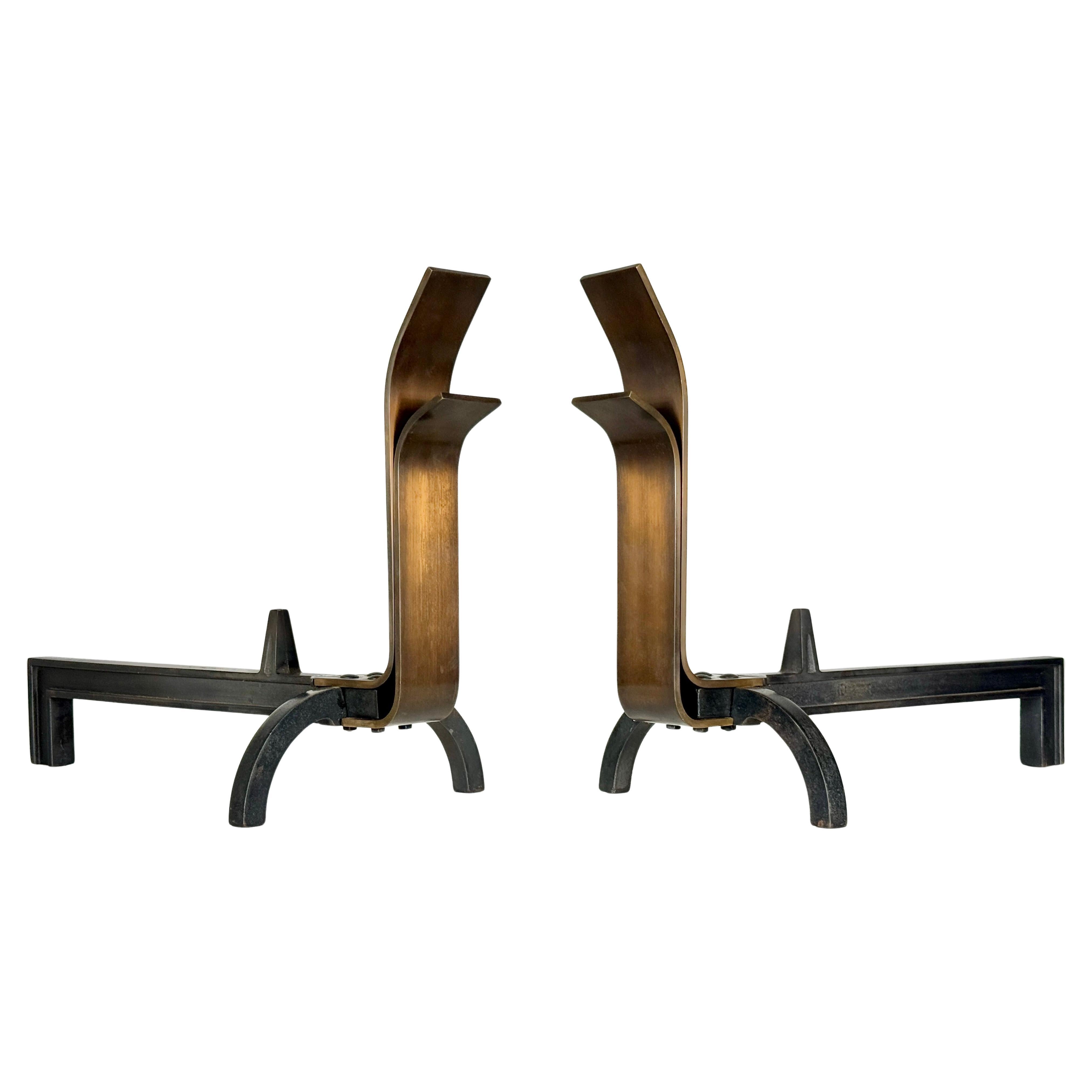 Pair Mid Century Modernist Bronze Andirons by The Saarinen Swanson Group 1940's For Sale