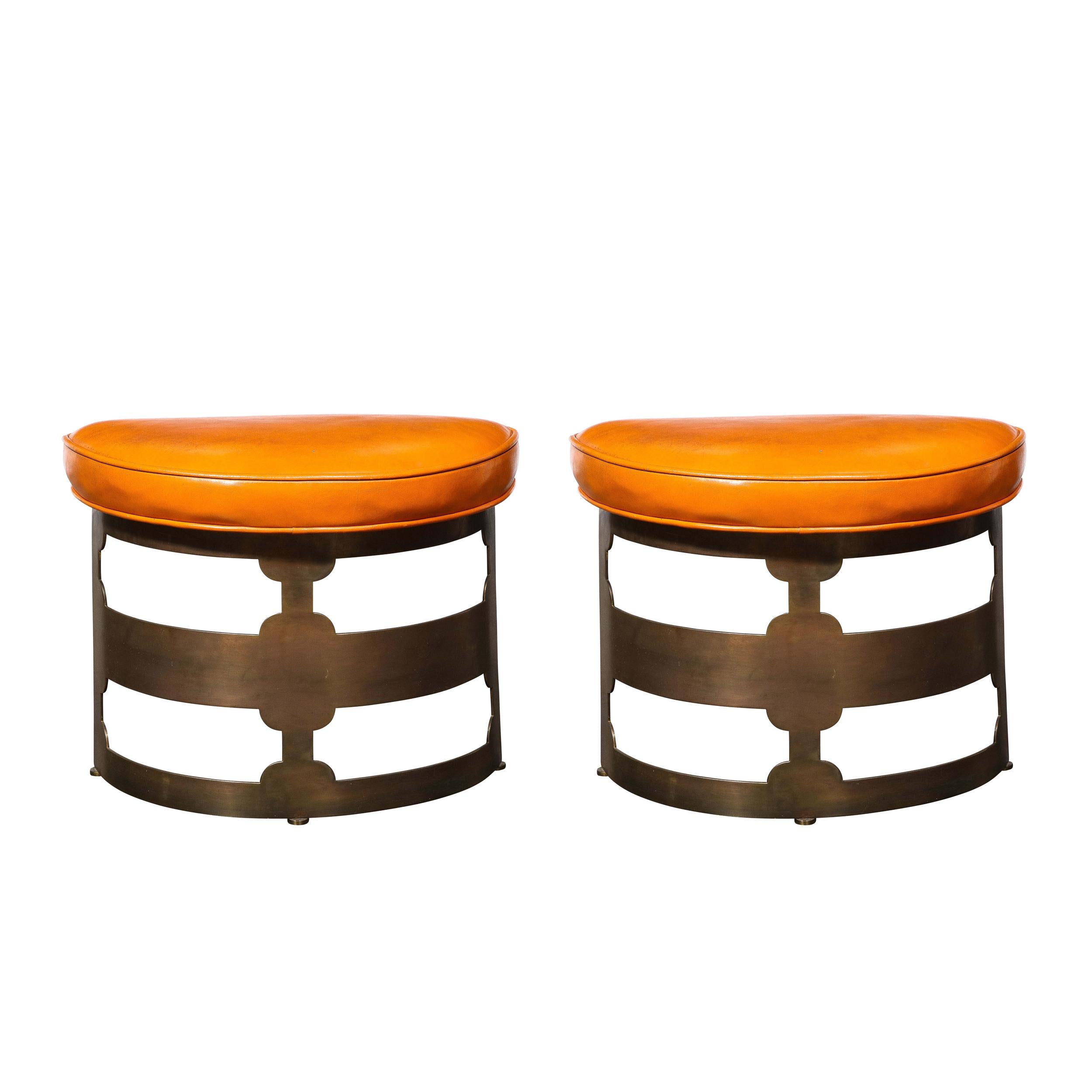 Pair Mid-Century Modernist Oil Rubbed Bronze & Leather Demilune Stools for Wyeth For Sale