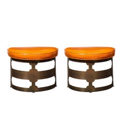 Pair Mid-Century Modernist Oil Rubbed Bronze & Leather Demilune Stools for Wyeth
