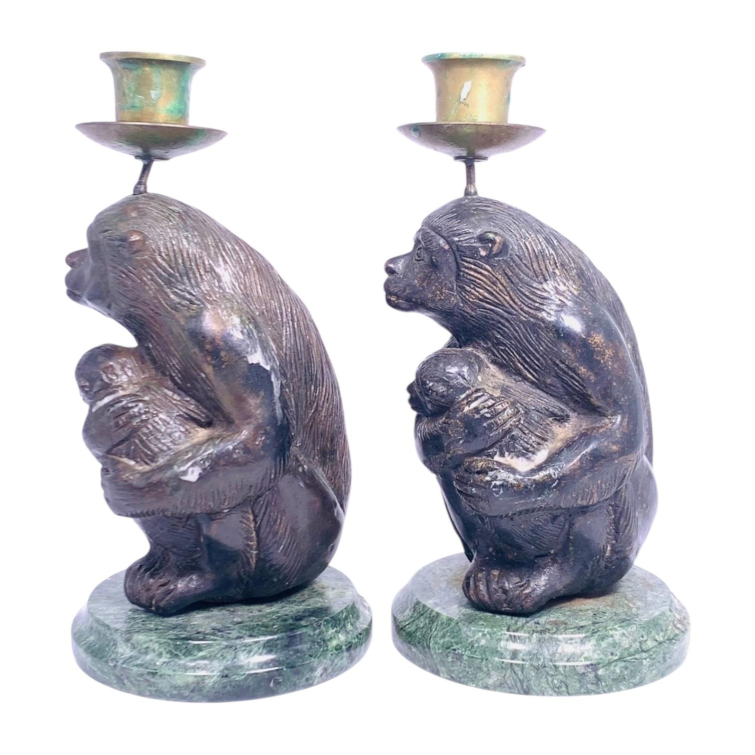 Patinated Pair mid century  Monkey Form Bronze Candlesticks / Candle Holders For Sale