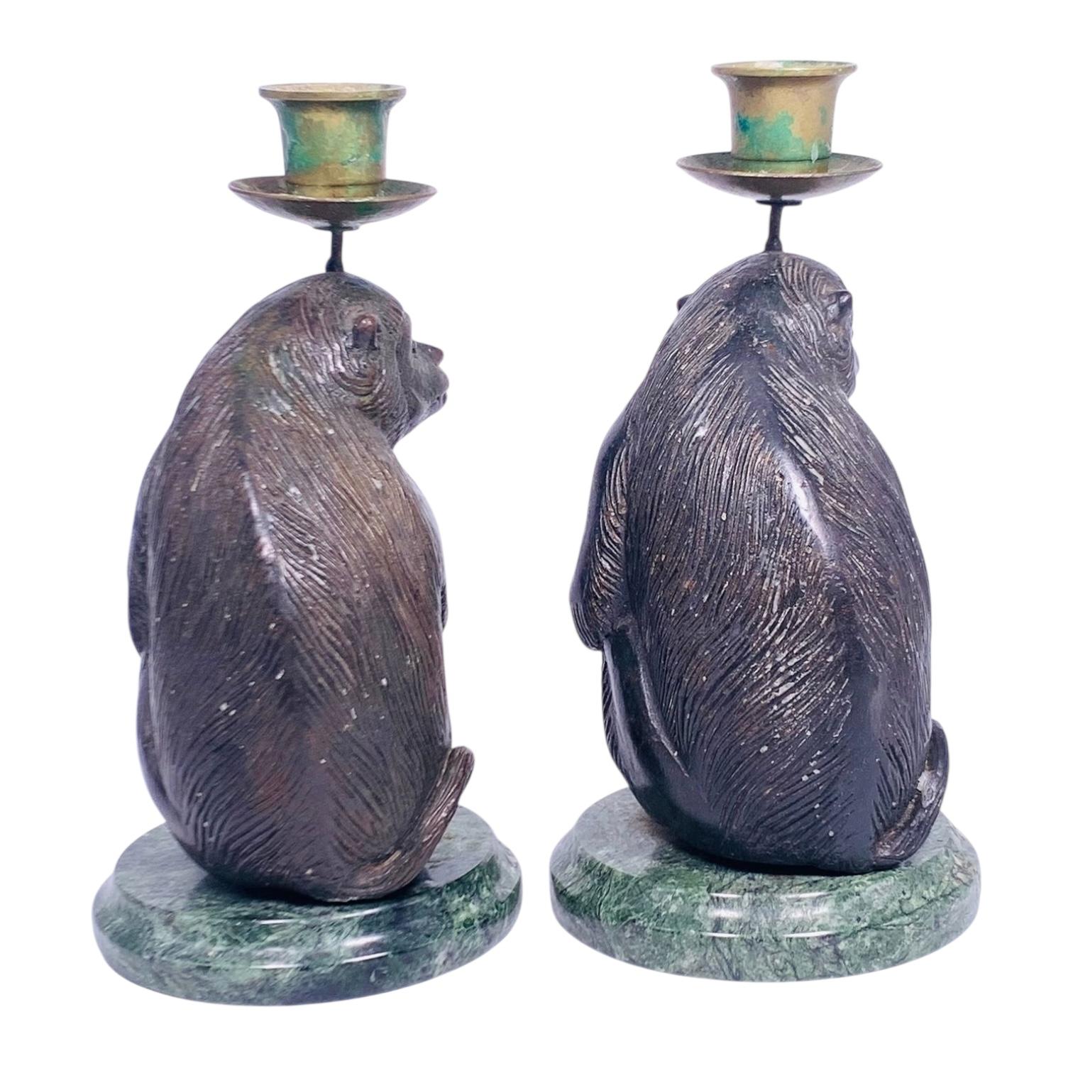Pair mid century  Monkey Form Bronze Candlesticks / Candle Holders In Good Condition For Sale In New York, NY