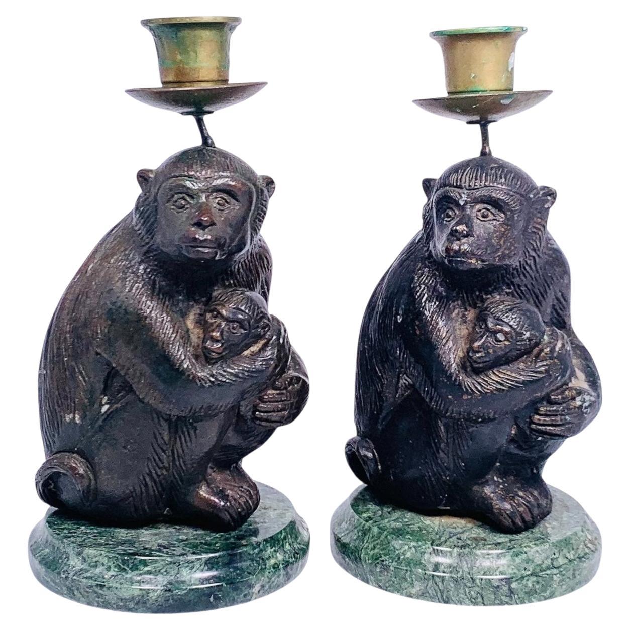 Pair mid century  Monkey Form Bronze Candlesticks / Candle Holders For Sale