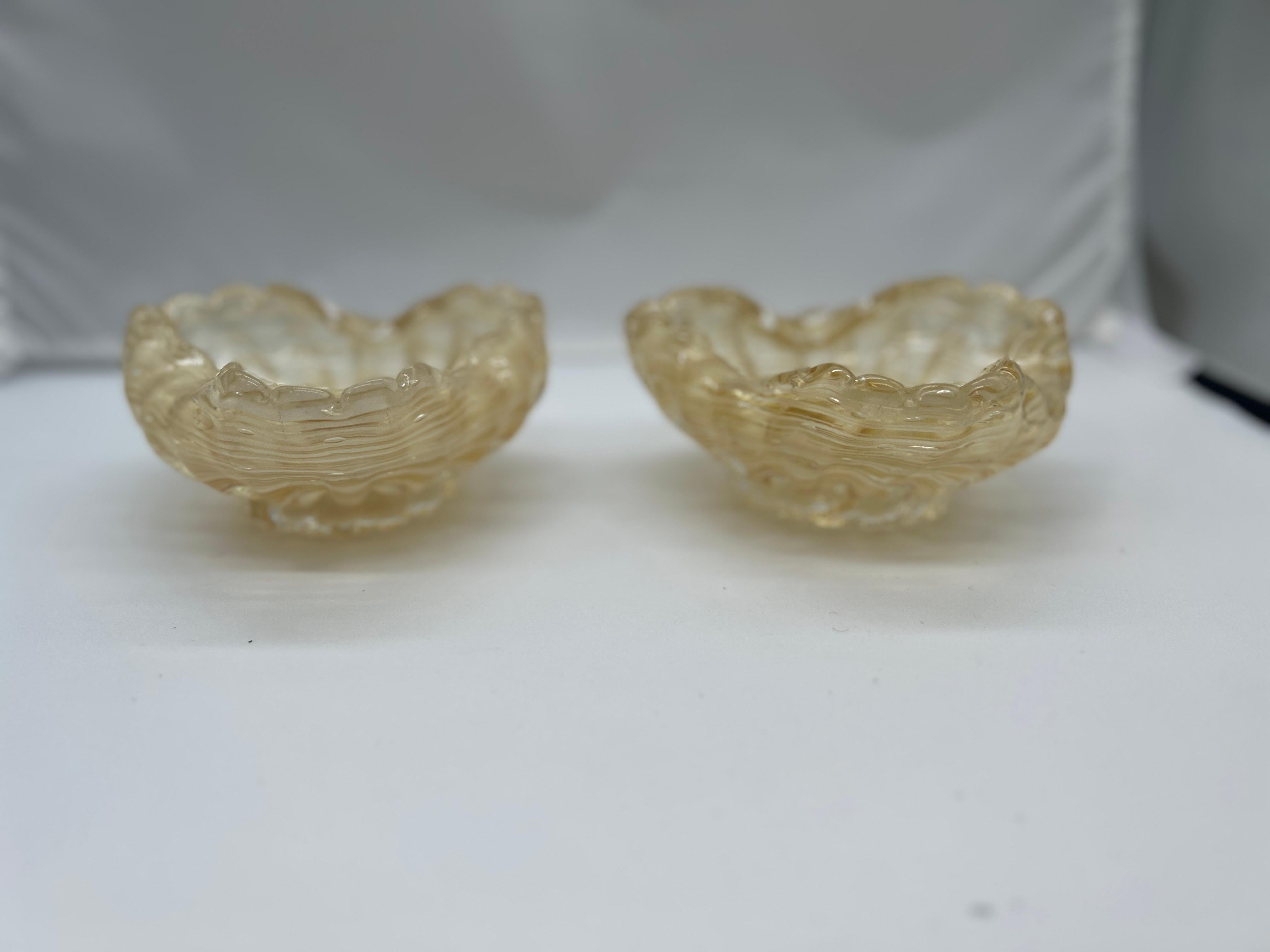 Italian Pair, Mid Century Murano Hand Blown Gold Speckled Catch-All Bowls For Sale