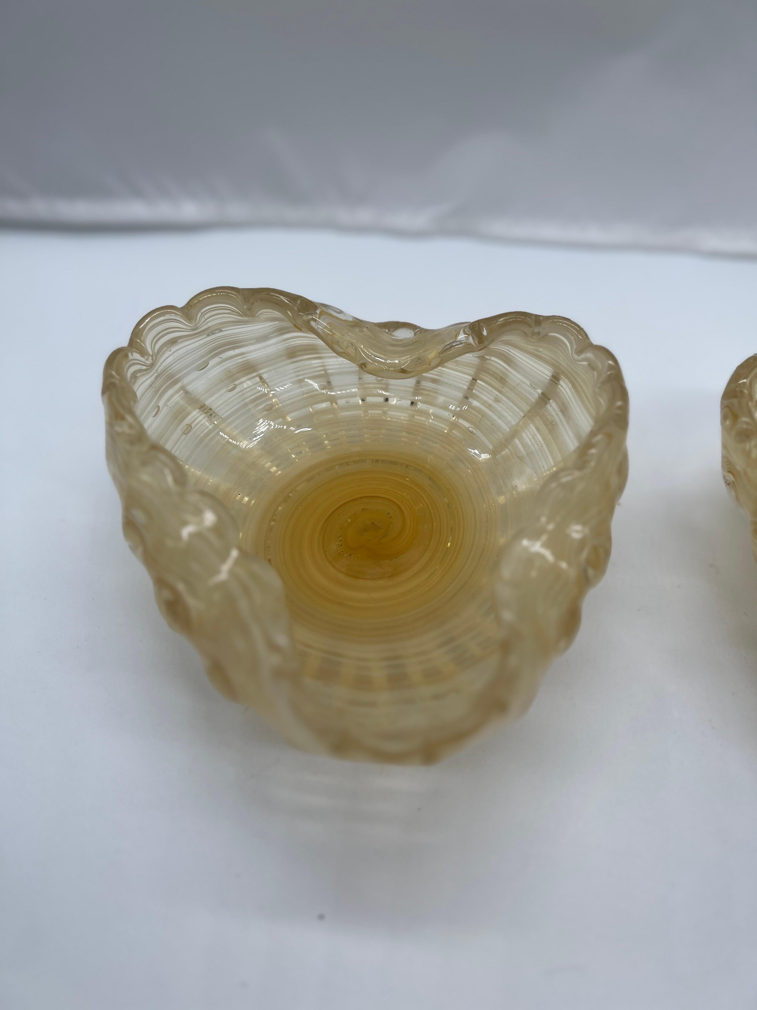 Glass Pair, Mid Century Murano Hand Blown Gold Speckled Catch-All Bowls For Sale