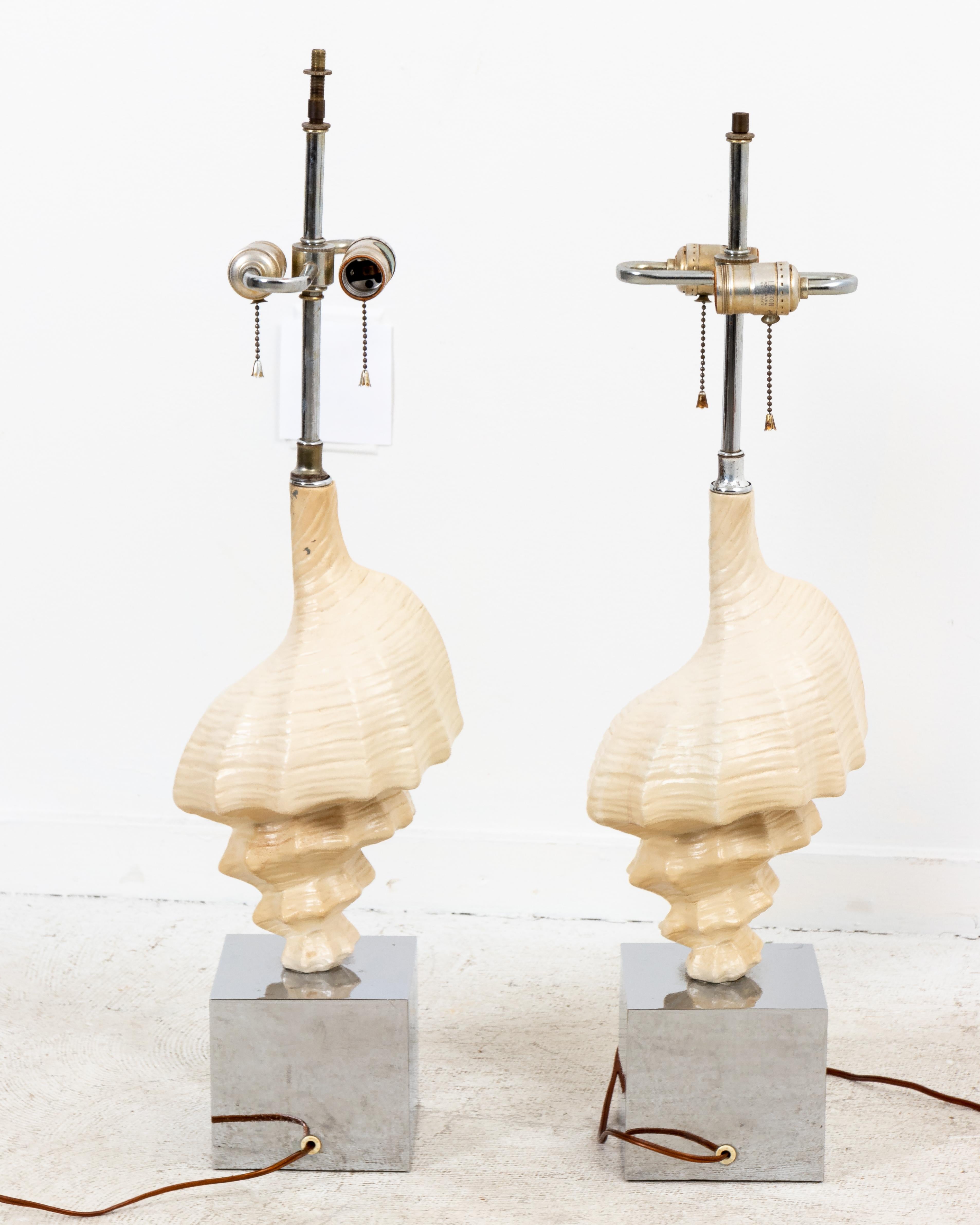 American Pair of Midcentury Nautical Ceramic Seashell Lamps
