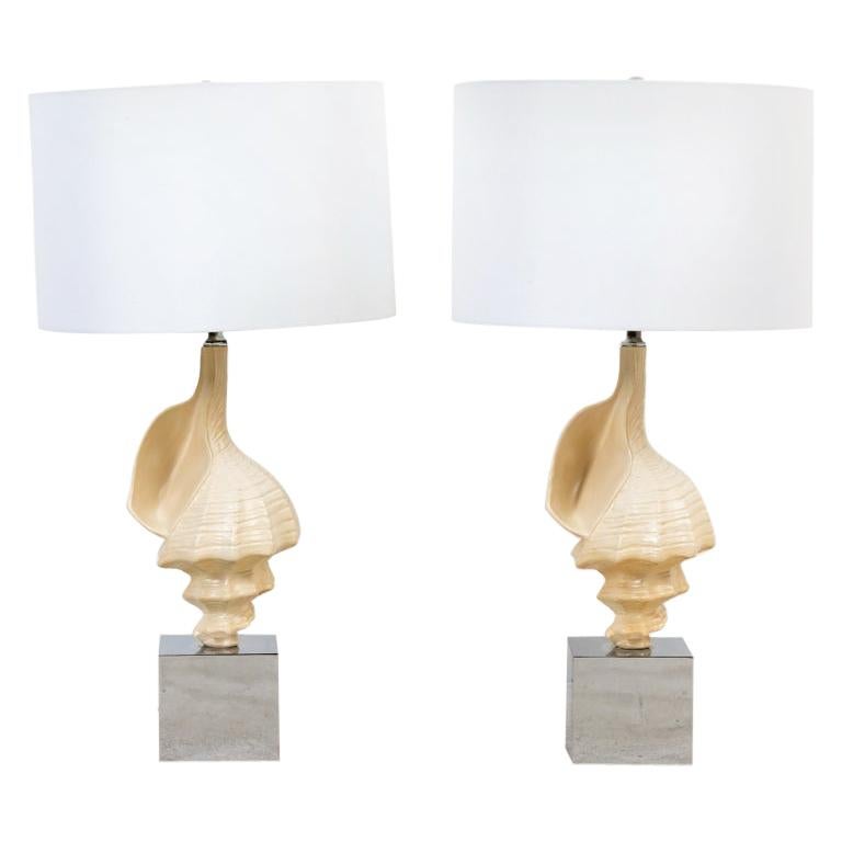 Pair of Midcentury Nautical Ceramic Seashell Lamps