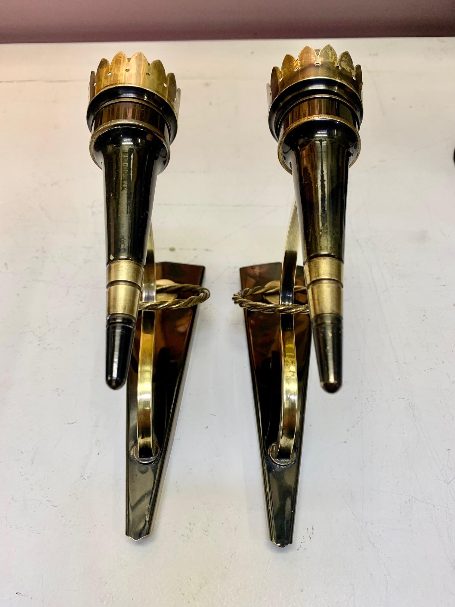 Pair Mid Century Neoclassical Arlus Brass and Gun Metal Wall Sconces 3