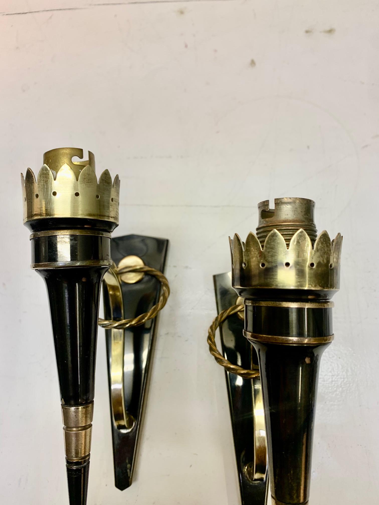 Pair Mid Century Neoclassical Arlus Brass and Gun Metal Wall Sconces 4