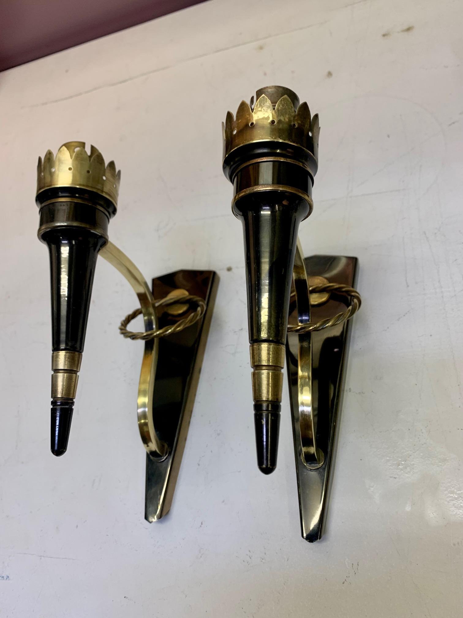 Pair Mid Century Neoclassical Arlus Brass and Gun Metal Wall Sconces 6