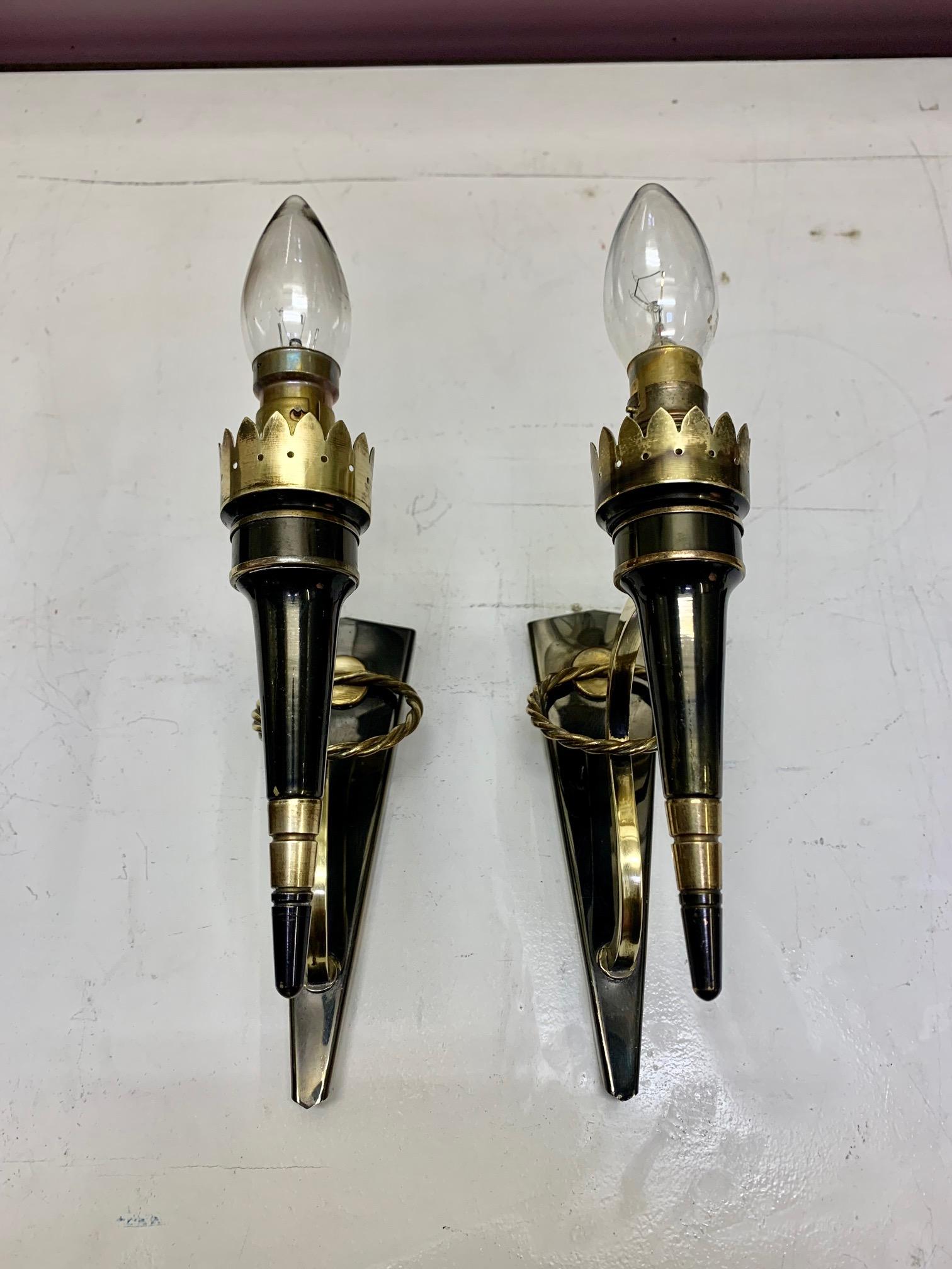 Pair Mid Century Neoclassical Arlus Brass and Gun Metal Wall Sconces 7