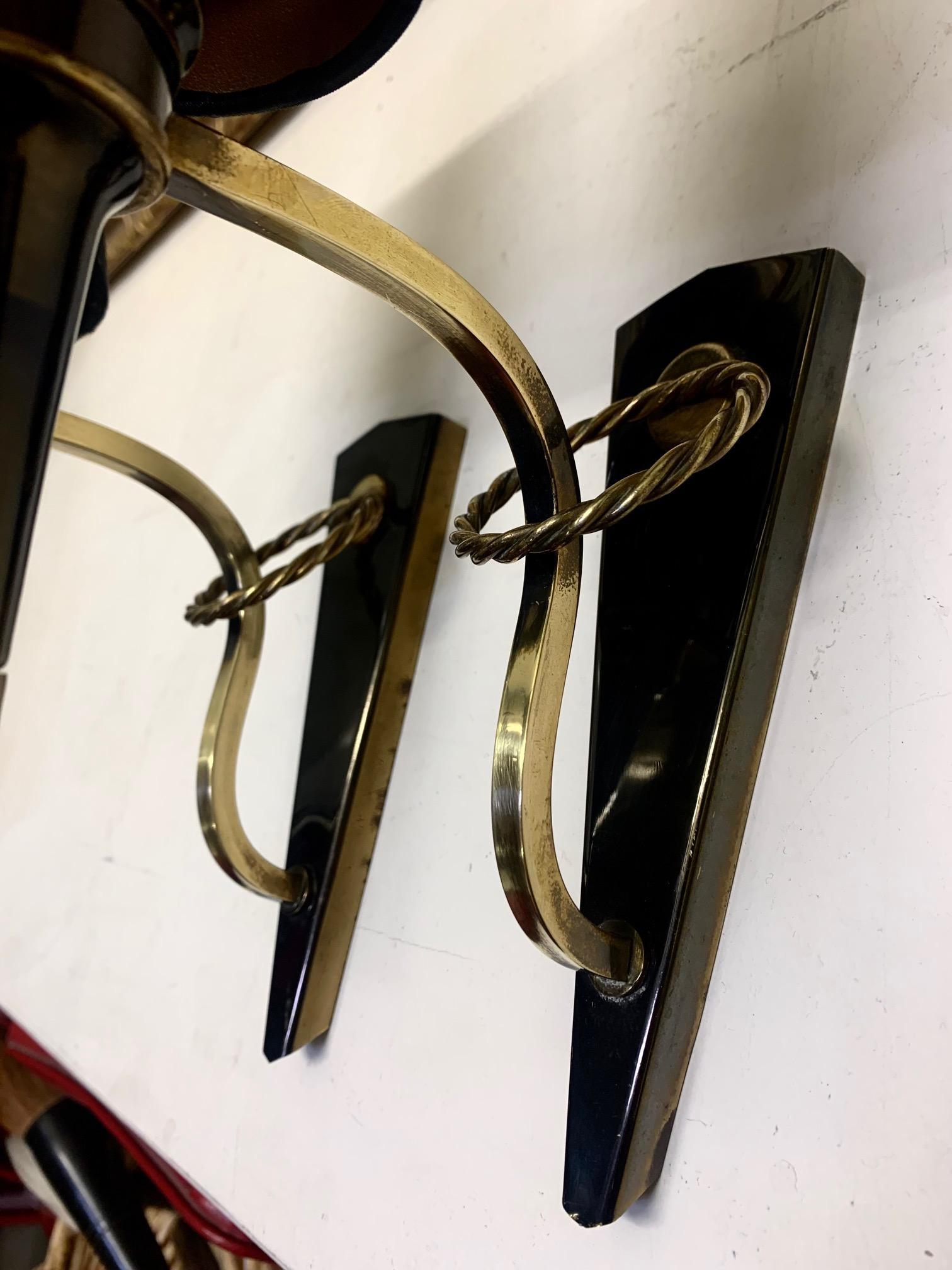 Lacquered Pair Mid Century Neoclassical Arlus Brass and Gun Metal Wall Sconces