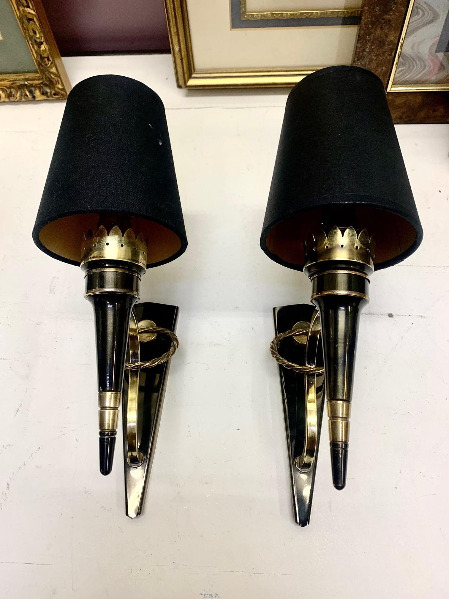 Pair Mid Century Neoclassical Arlus Brass and Gun Metal Wall Sconces In Good Condition In Madrid, ES