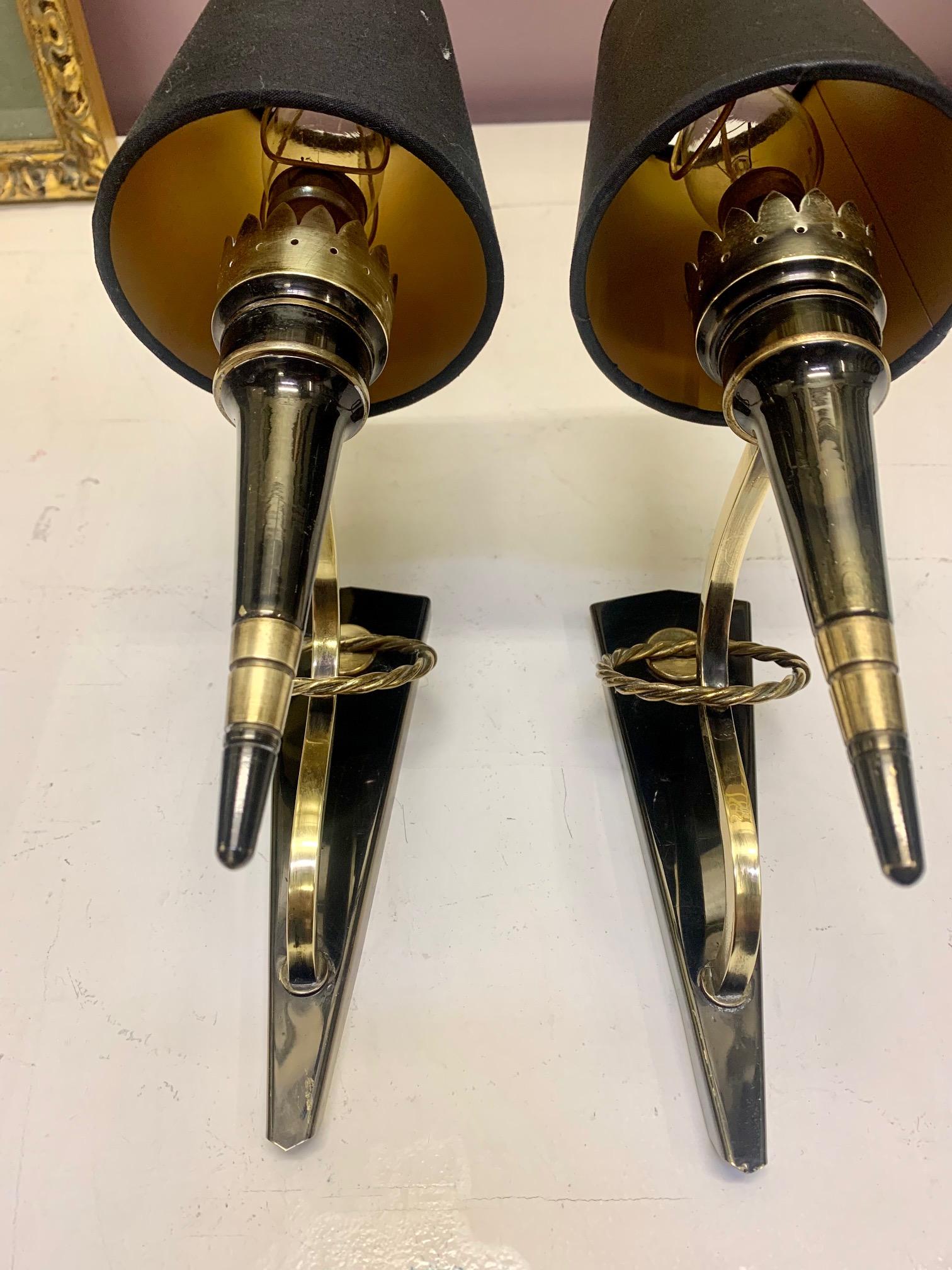 Pair Mid Century Neoclassical Arlus Brass and Gun Metal Wall Sconces 2