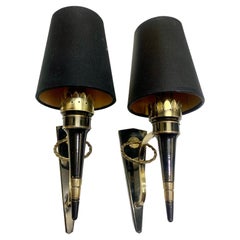 Pair Mid Century Neoclassical Arlus Brass and Gun Metal Wall Sconces