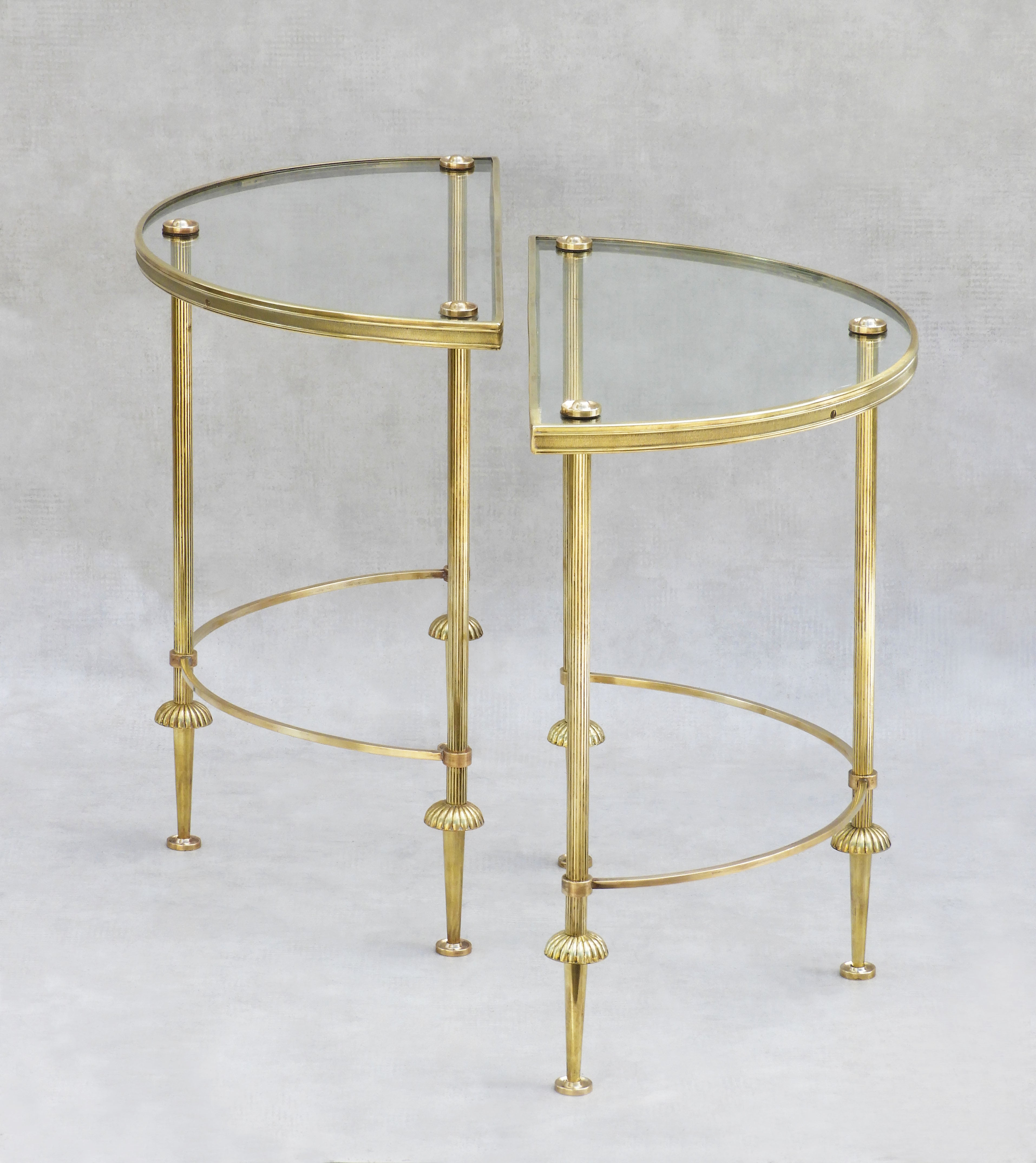 French Pair Mid-Century Neoclassical Brass & Glass Demi-Lune Side/EndTables/Nightstands For Sale