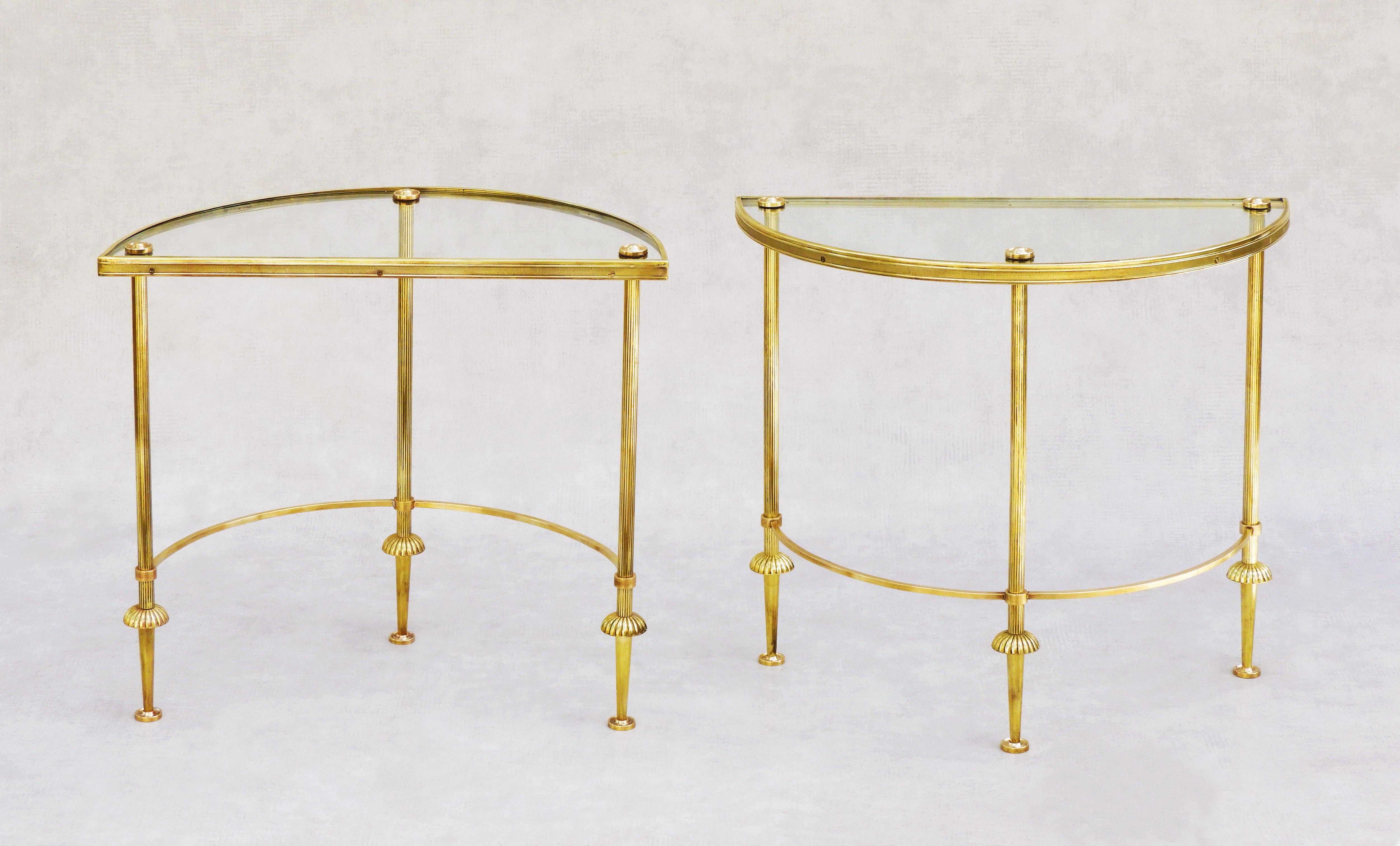 20th Century Pair Mid-Century Neoclassical Brass & Glass Demi-Lune Side/EndTables/Nightstands For Sale